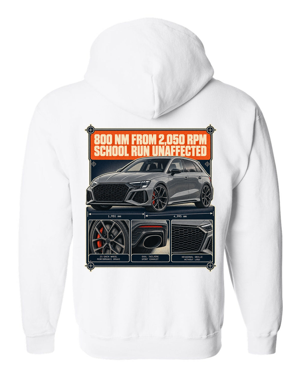 Dossier panels for the Audi RS6 Avant C8 noting 800 Nm from 2,050 rpm white zip hoodie back view with the design