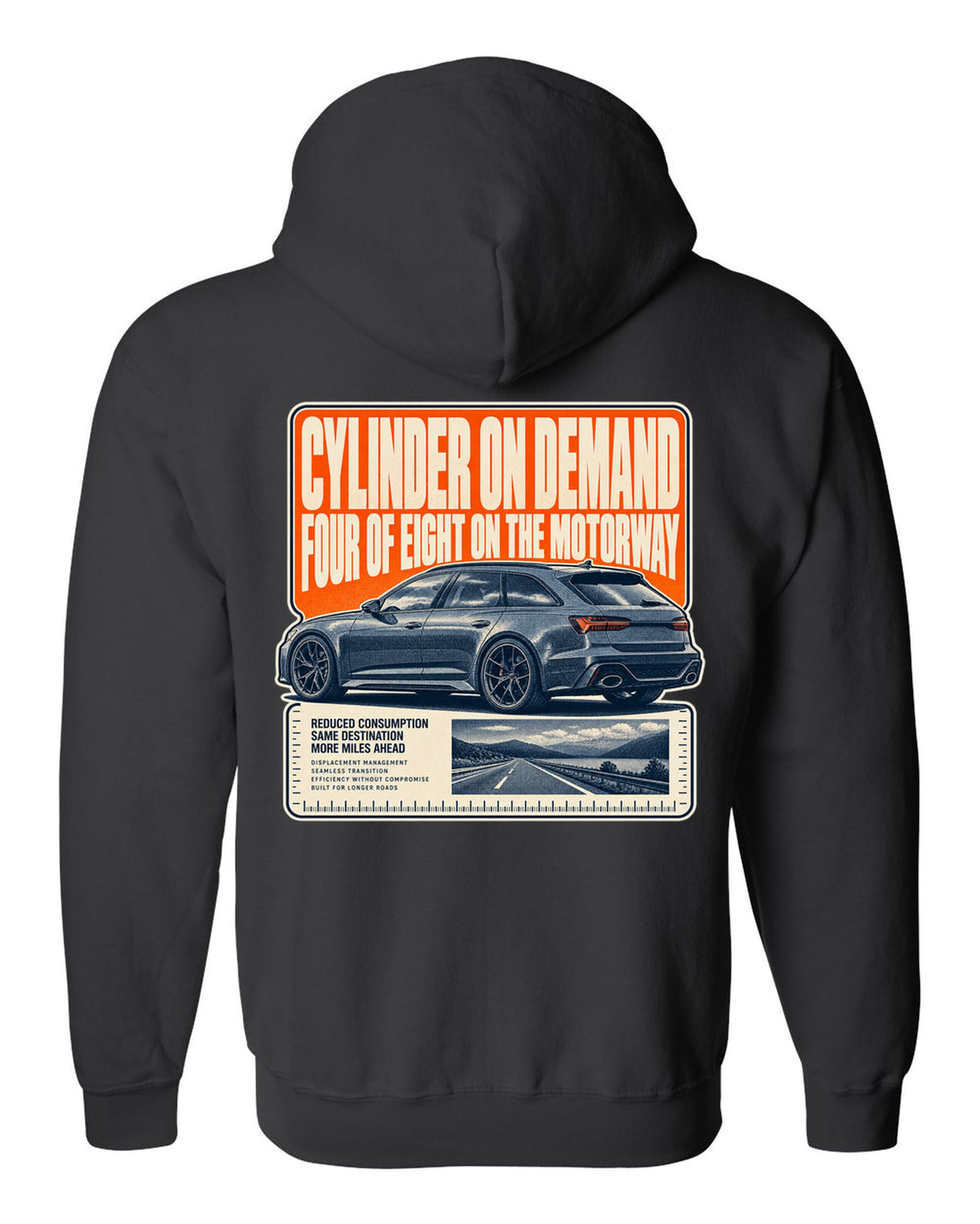 Audi RS6 Avant C8 wagon halftone statement print black zip hoodie back view with the design