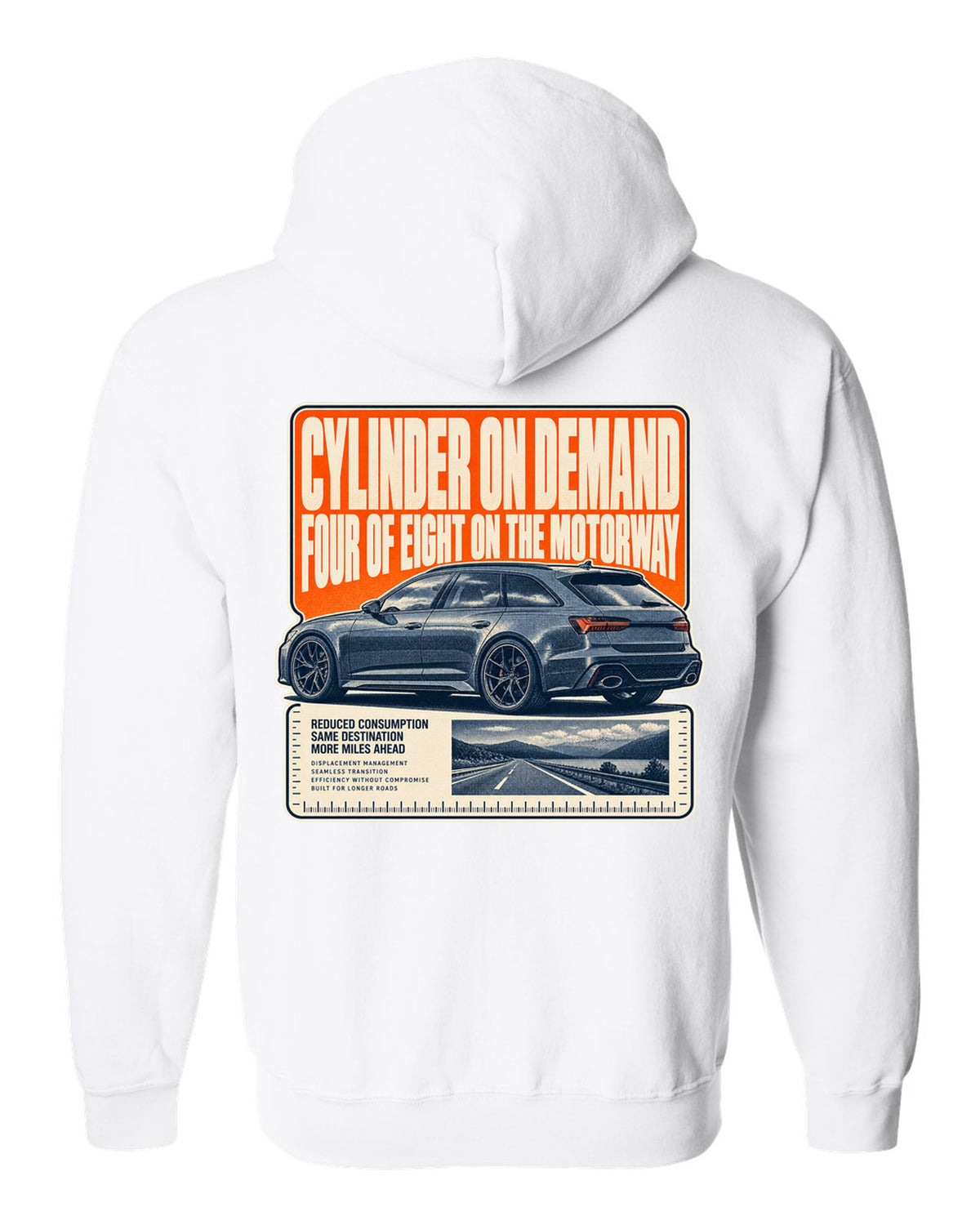 Audi RS6 Avant C8 wagon halftone statement print white zip hoodie back view with the design
