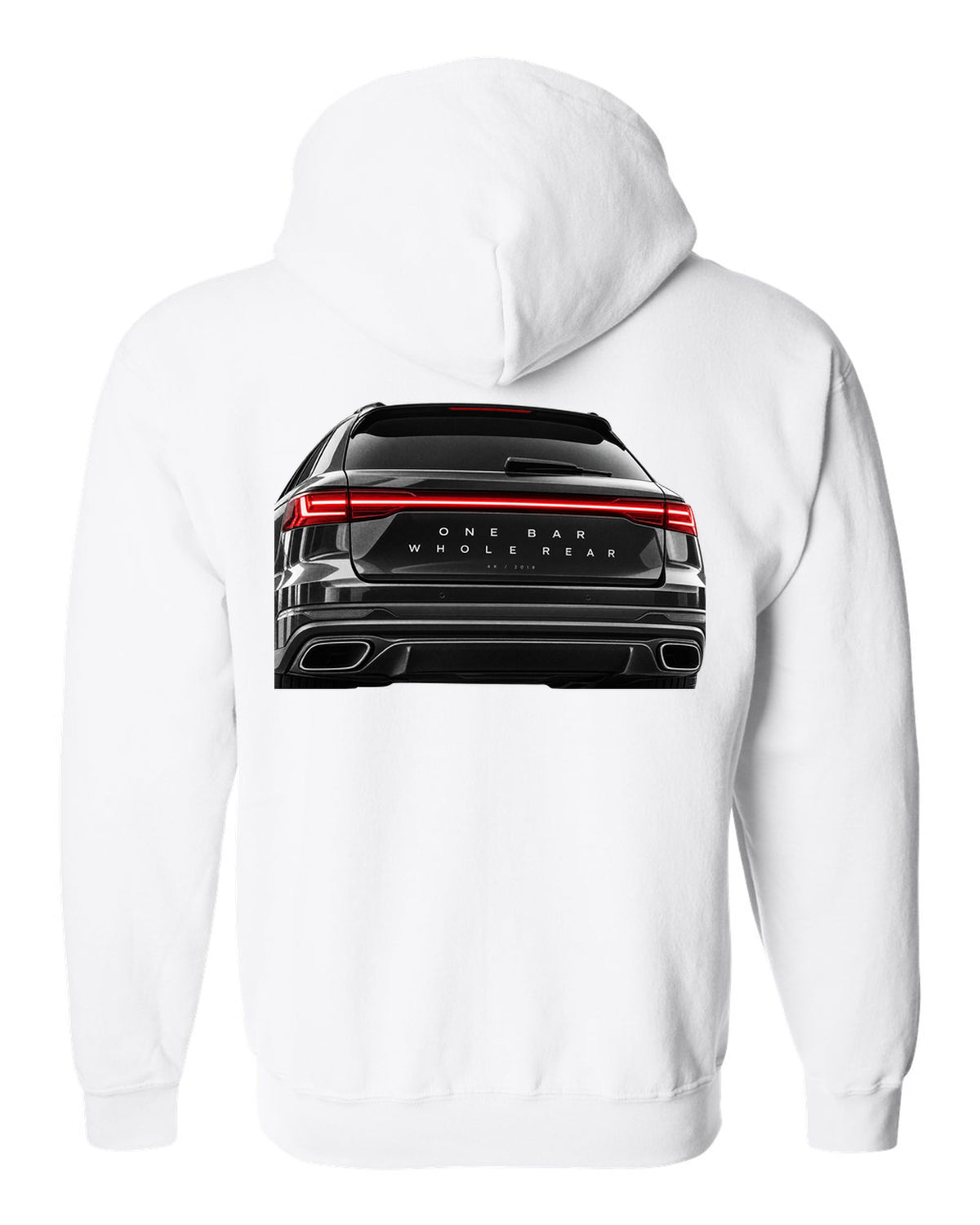 Taillight macro print of the Audi RS6 Avant C8 rear light bar white zip hoodie back view with the design