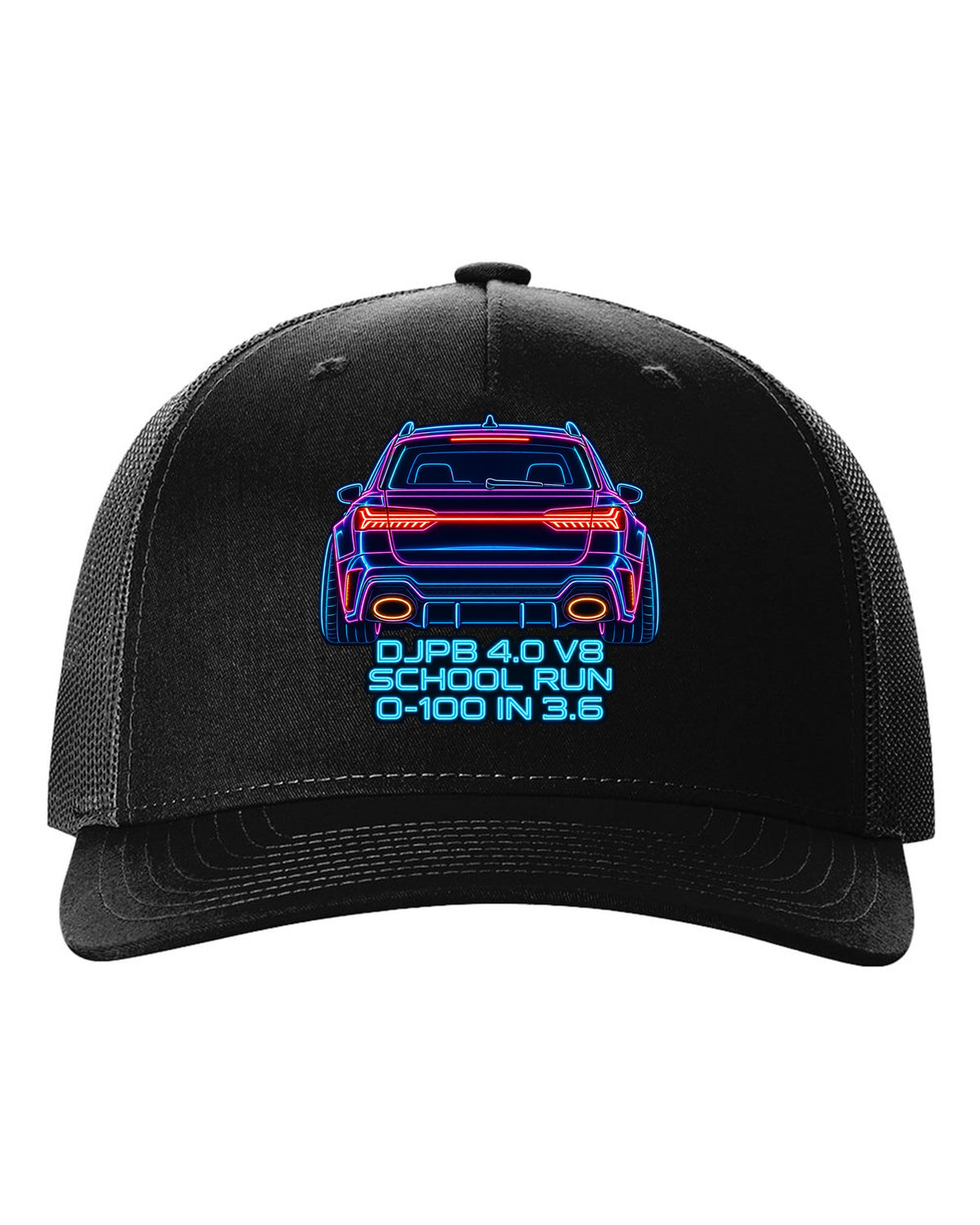 Neon sign line art design of the Audi RS6 Avant C8 with school run and 0-100 in 3.6 lettering black hat front view with the design
