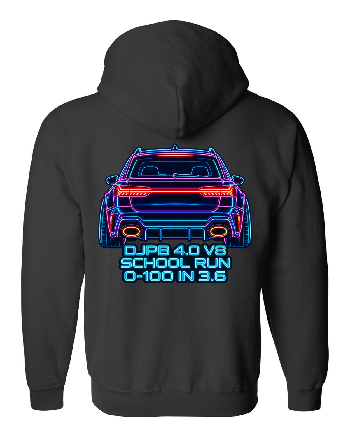 Neon sign line art design of the Audi RS6 Avant C8 with school run and 0-100 in 3.6 lettering black zip hoodie back view with the design