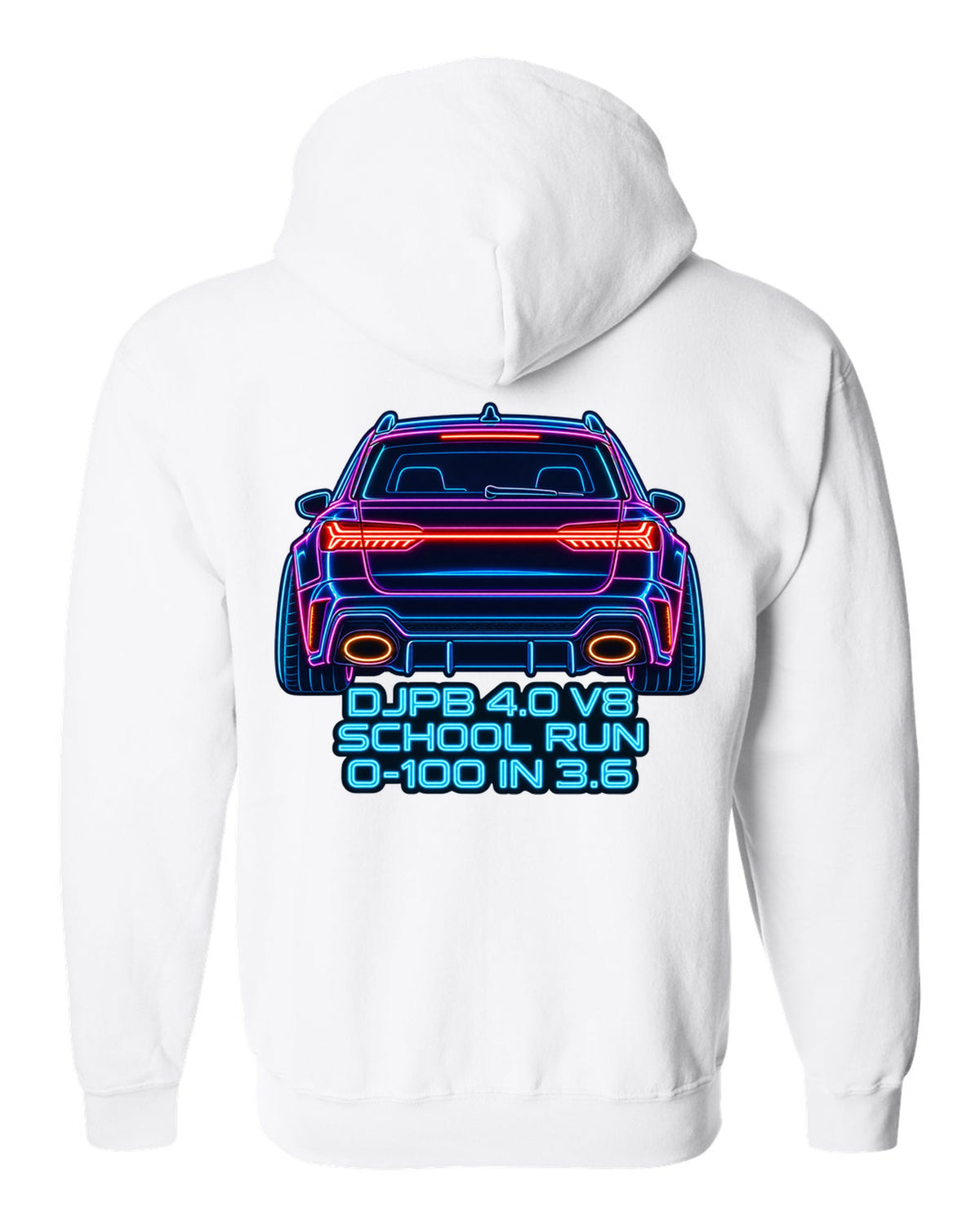 Neon sign line art design of the Audi RS6 Avant C8 with school run and 0-100 in 3.6 lettering white zip hoodie back view with the design