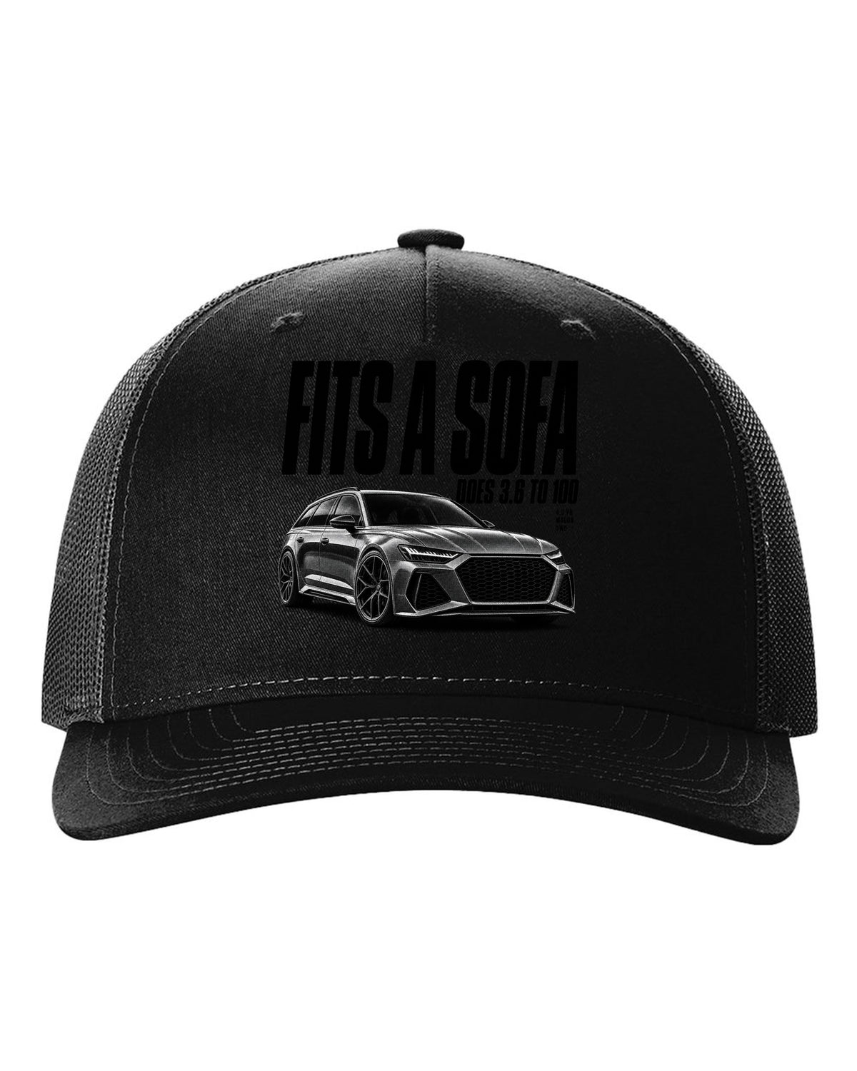 Halftone print of an Audi RS6 Avant C8 front three-quarter with Fits A Sofa caption black hat front view with the design