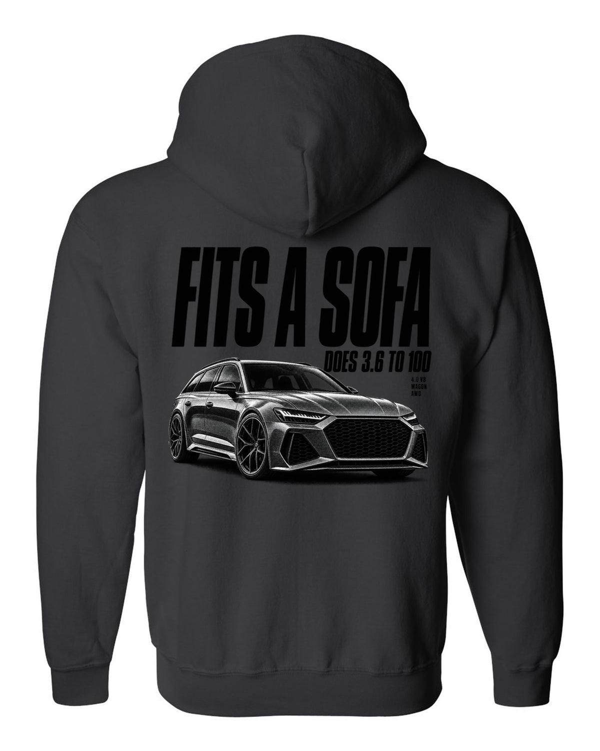 Halftone print of an Audi RS6 Avant C8 front three-quarter with Fits A Sofa caption black zip hoodie back view with the design