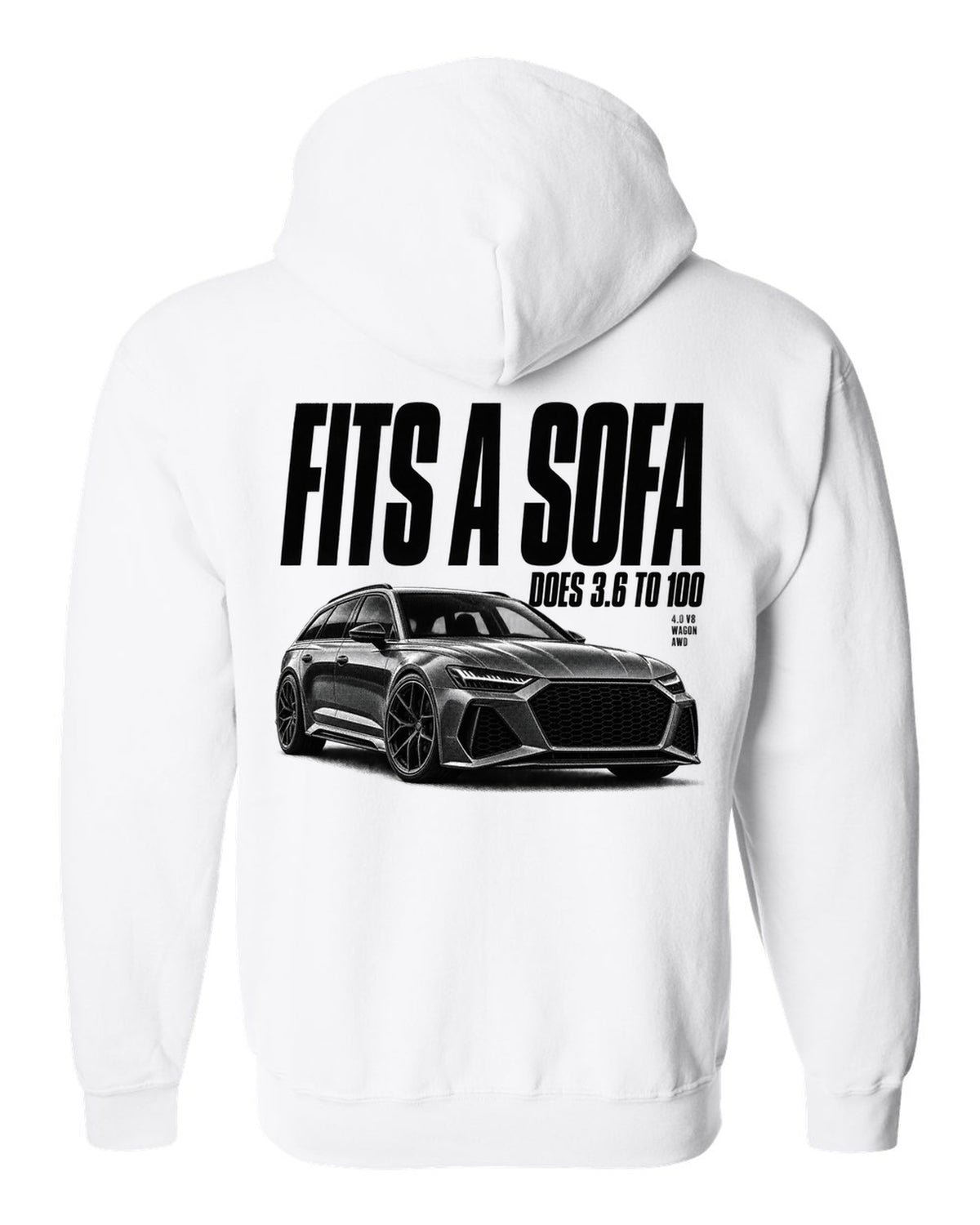 Halftone print of an Audi RS6 Avant C8 front three-quarter with Fits A Sofa caption white zip hoodie back view with the design