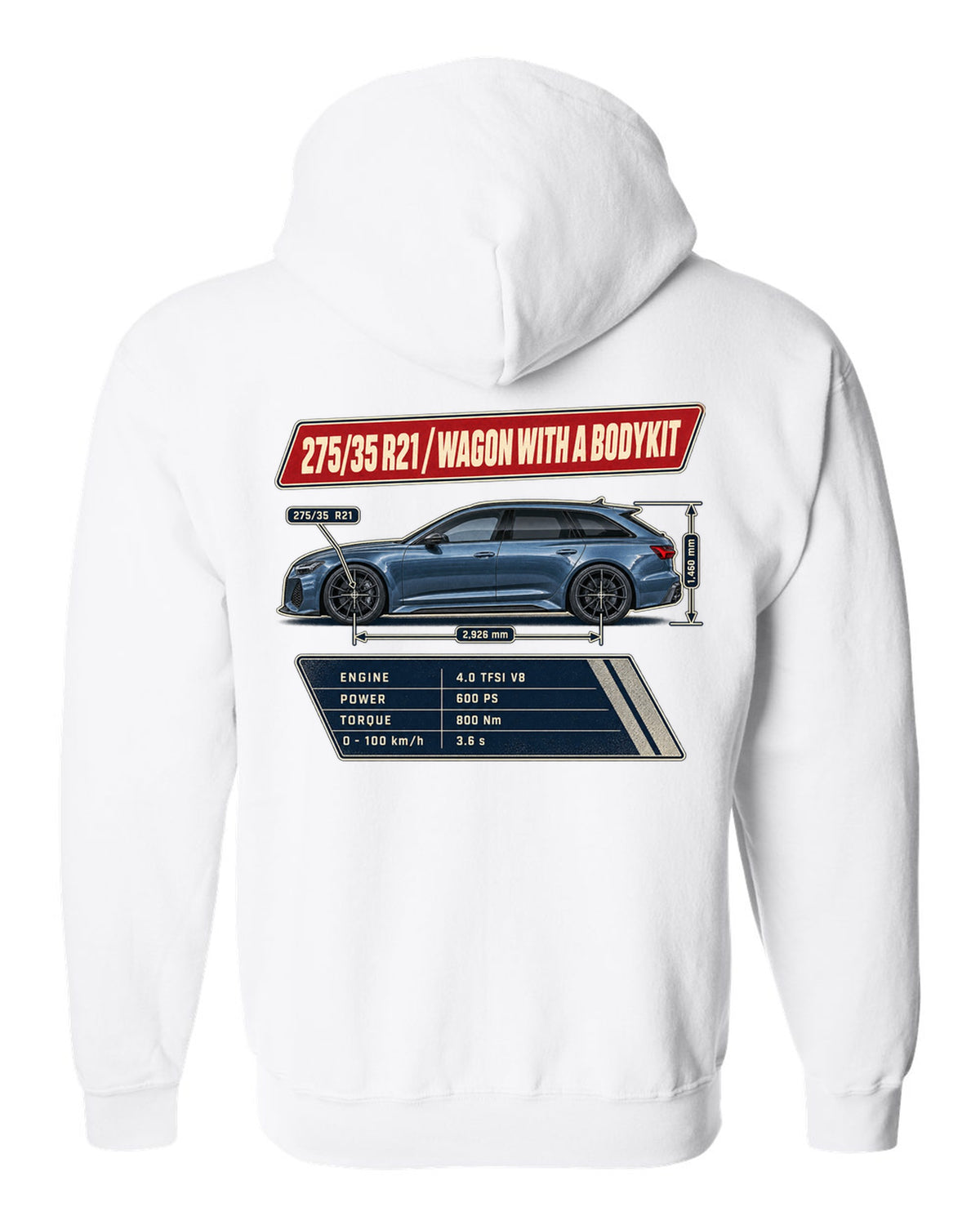 Spec poster for the Audi RS6 Avant C8 listing 275/35 R21 tyres white zip hoodie back view with the design
