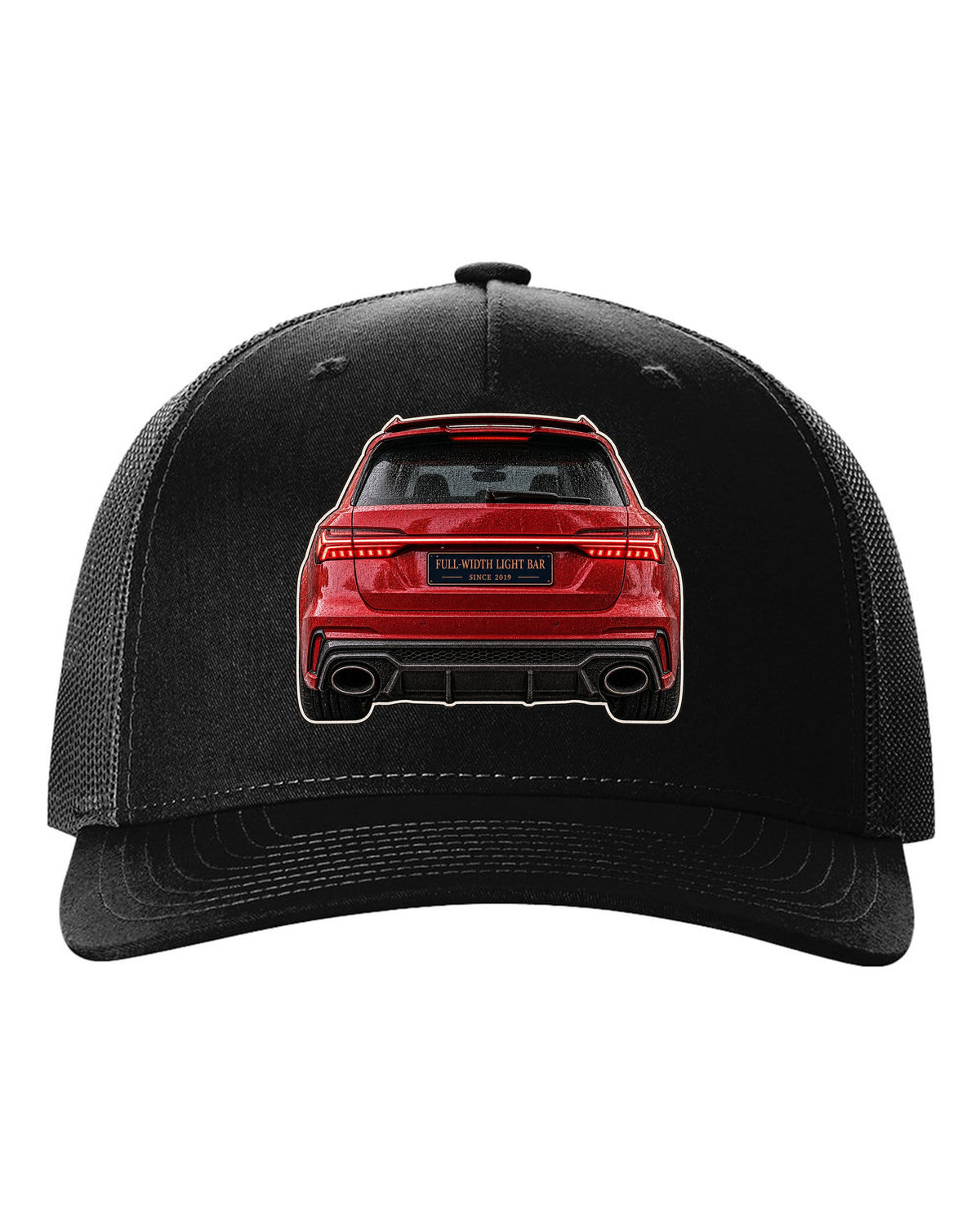 Close-up print of the full-width taillight bar on an Audi RS6 Avant C8 black hat front view with the design