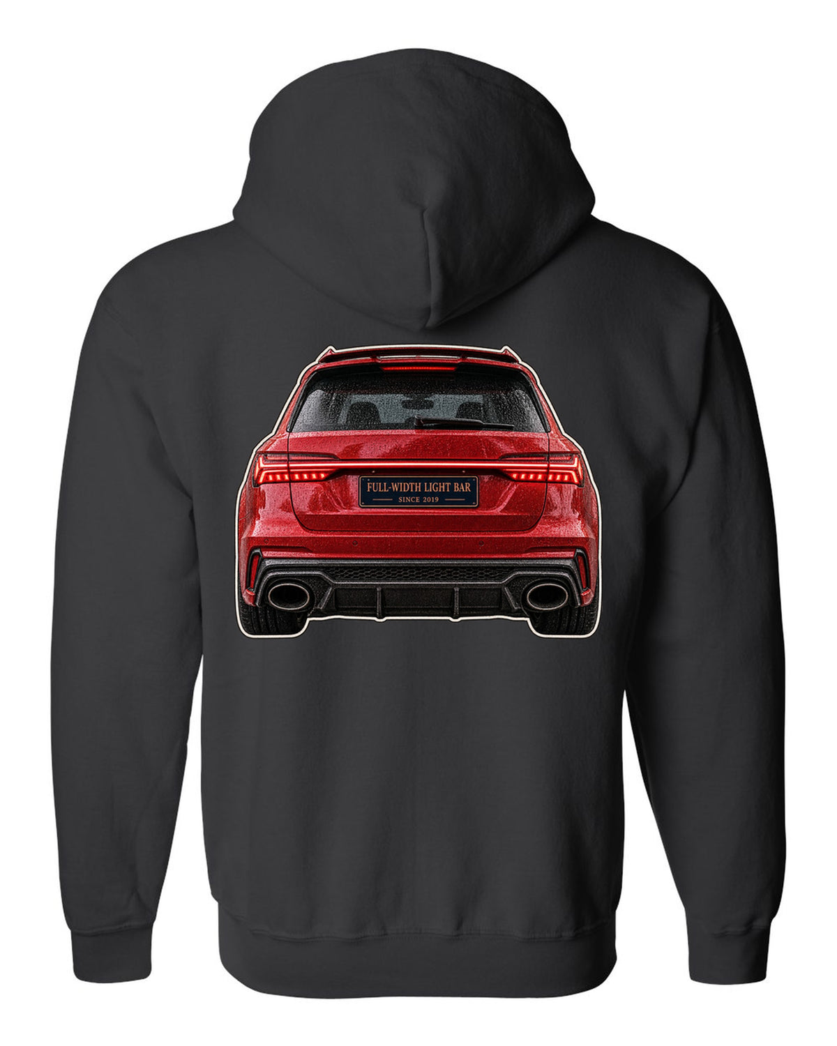 Close-up print of the full-width taillight bar on an Audi RS6 Avant C8 black zip hoodie back view with the design