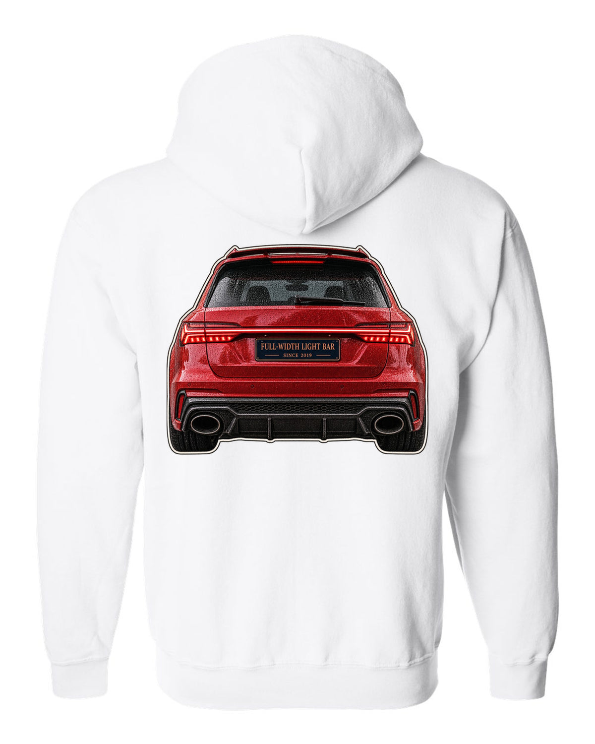 Close-up print of the full-width taillight bar on an Audi RS6 Avant C8 white zip hoodie back view with the design