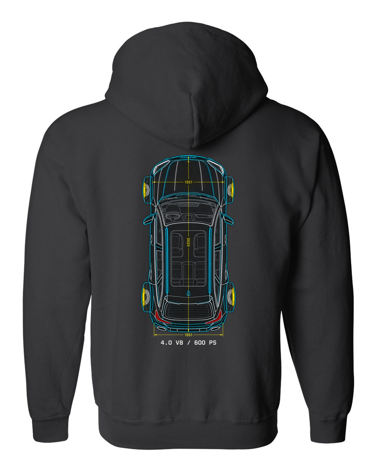 Top-down technical blueprint design of the Audi RS6 Avant C8 with 4.0 V8 and 600 PS lettering black zip hoodie back view with the design