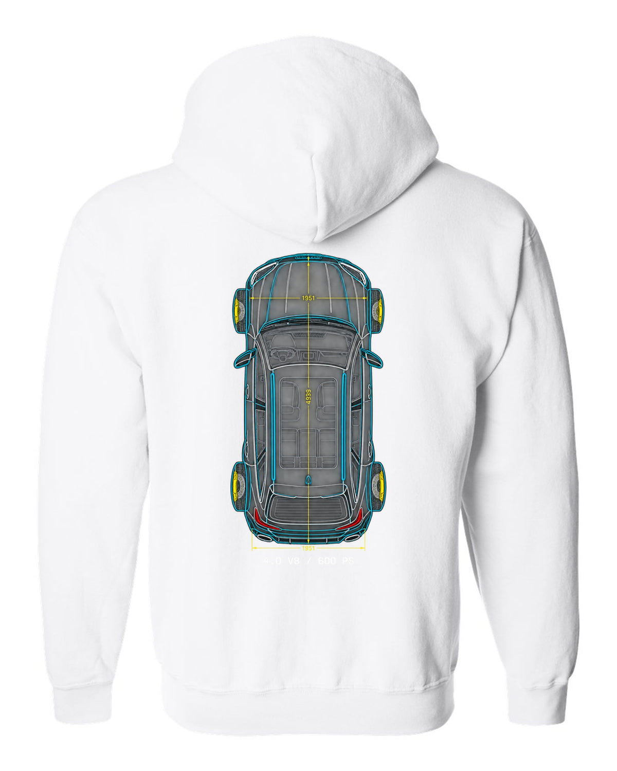 Top-down technical blueprint design of the Audi RS6 Avant C8 with 4.0 V8 and 600 PS lettering white zip hoodie back view with the design