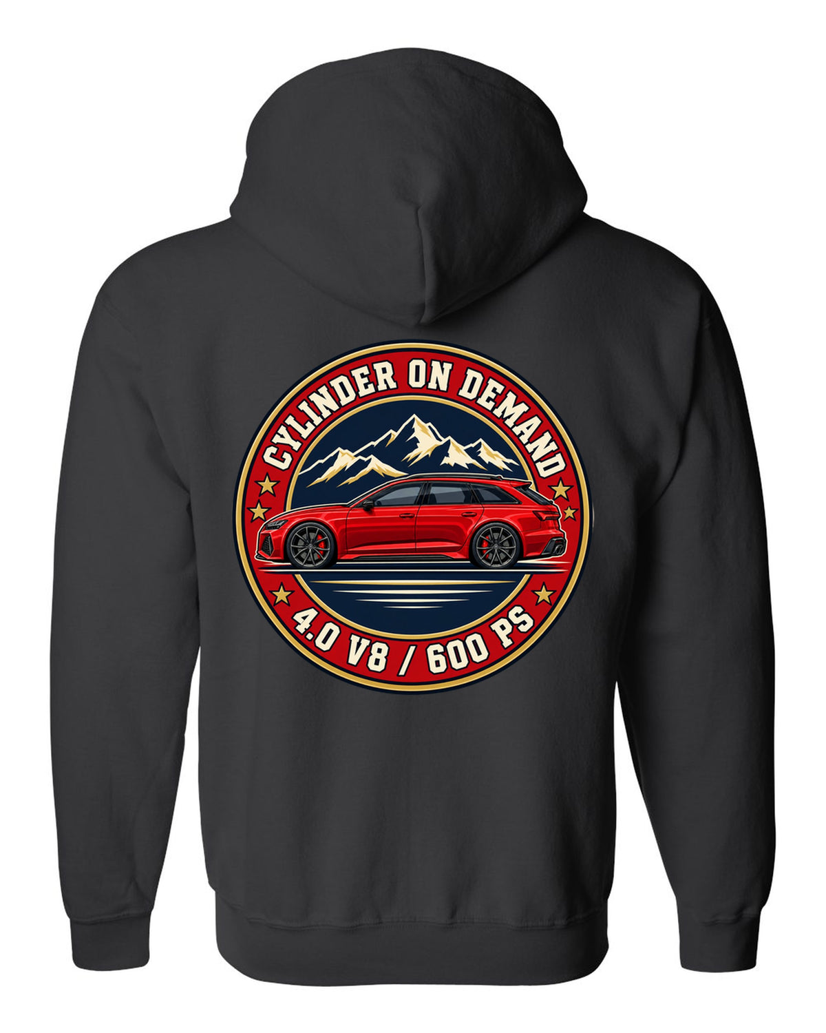 Varsity-style crest design for the Audi RS6 Avant C8 with 4.0 V8 and 600 PS lettering black zip hoodie back view with the design