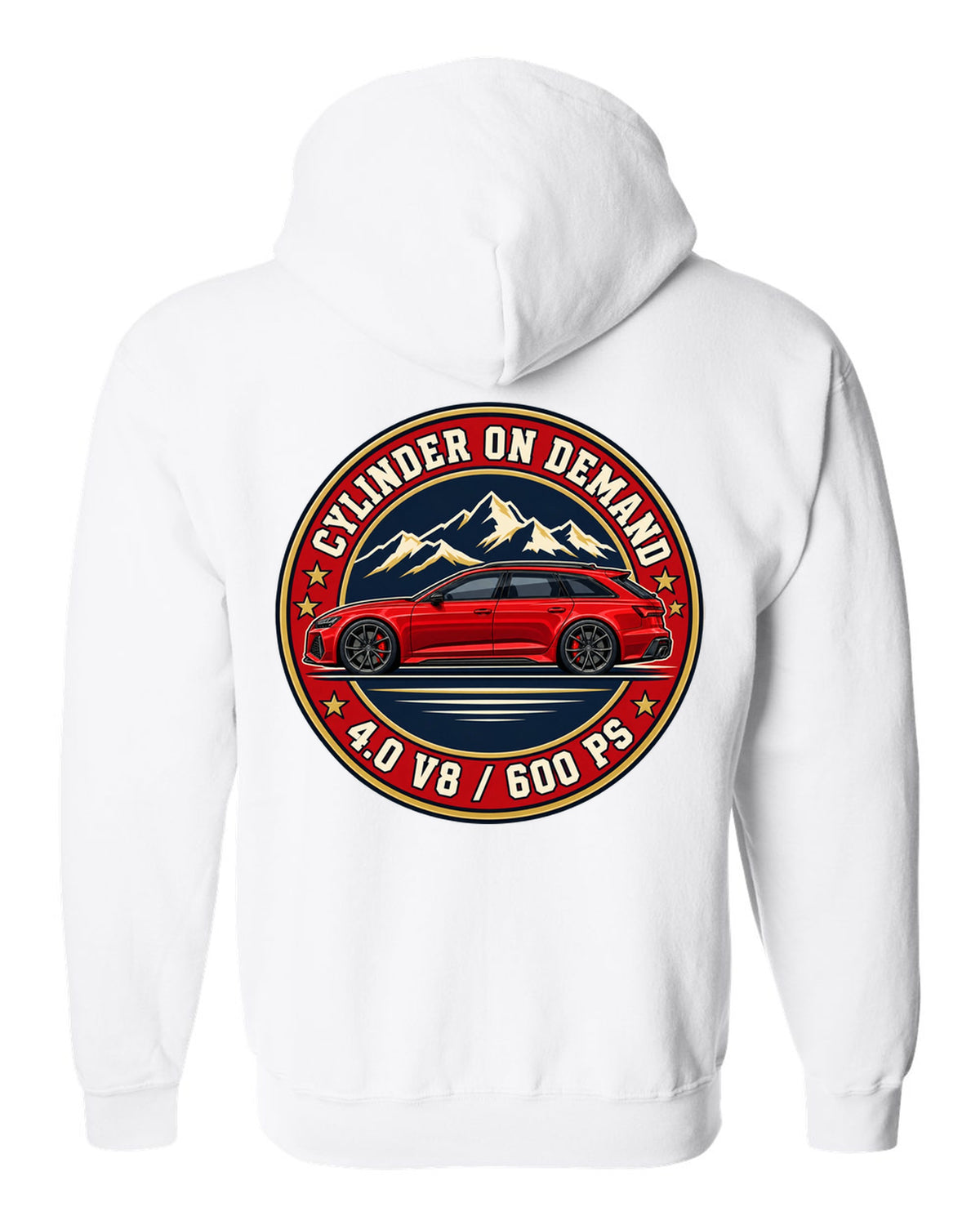 Varsity-style crest design for the Audi RS6 Avant C8 with 4.0 V8 and 600 PS lettering white zip hoodie back view with the design