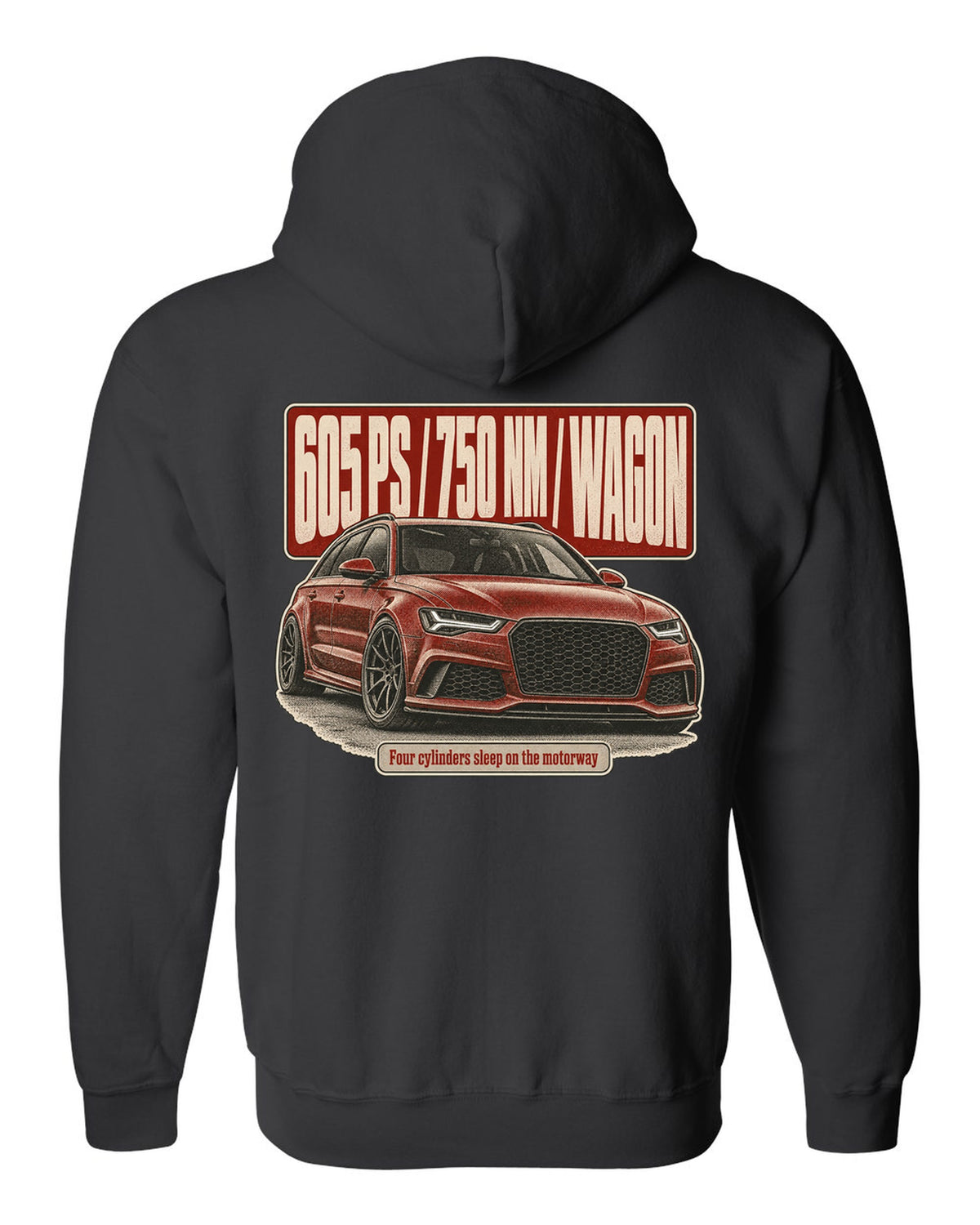 Audi RS6 Avant Performance C7 halftone statement print with 605 PS black zip hoodie back view with the design