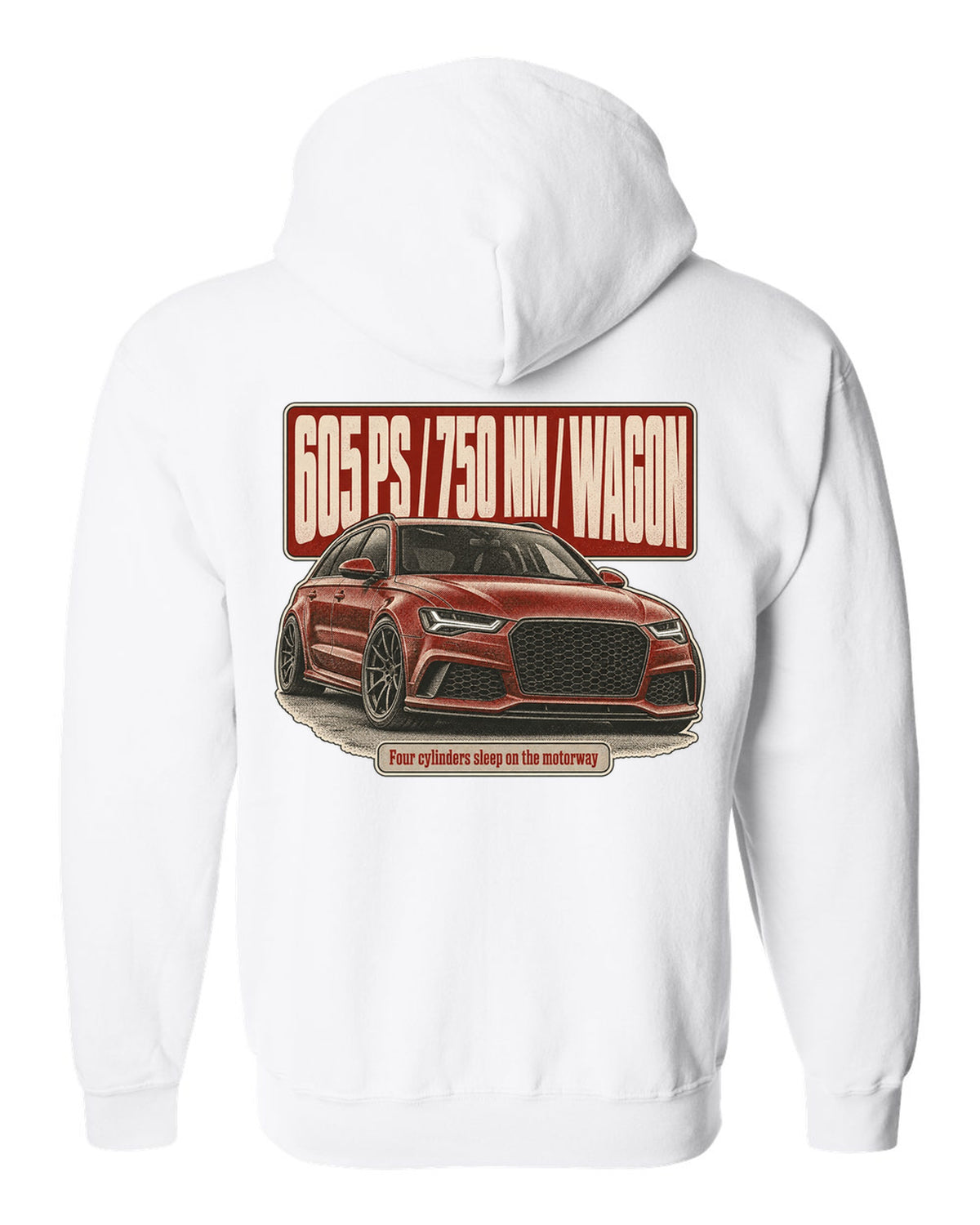 Audi RS6 Avant Performance C7 halftone statement print with 605 PS white zip hoodie back view with the design