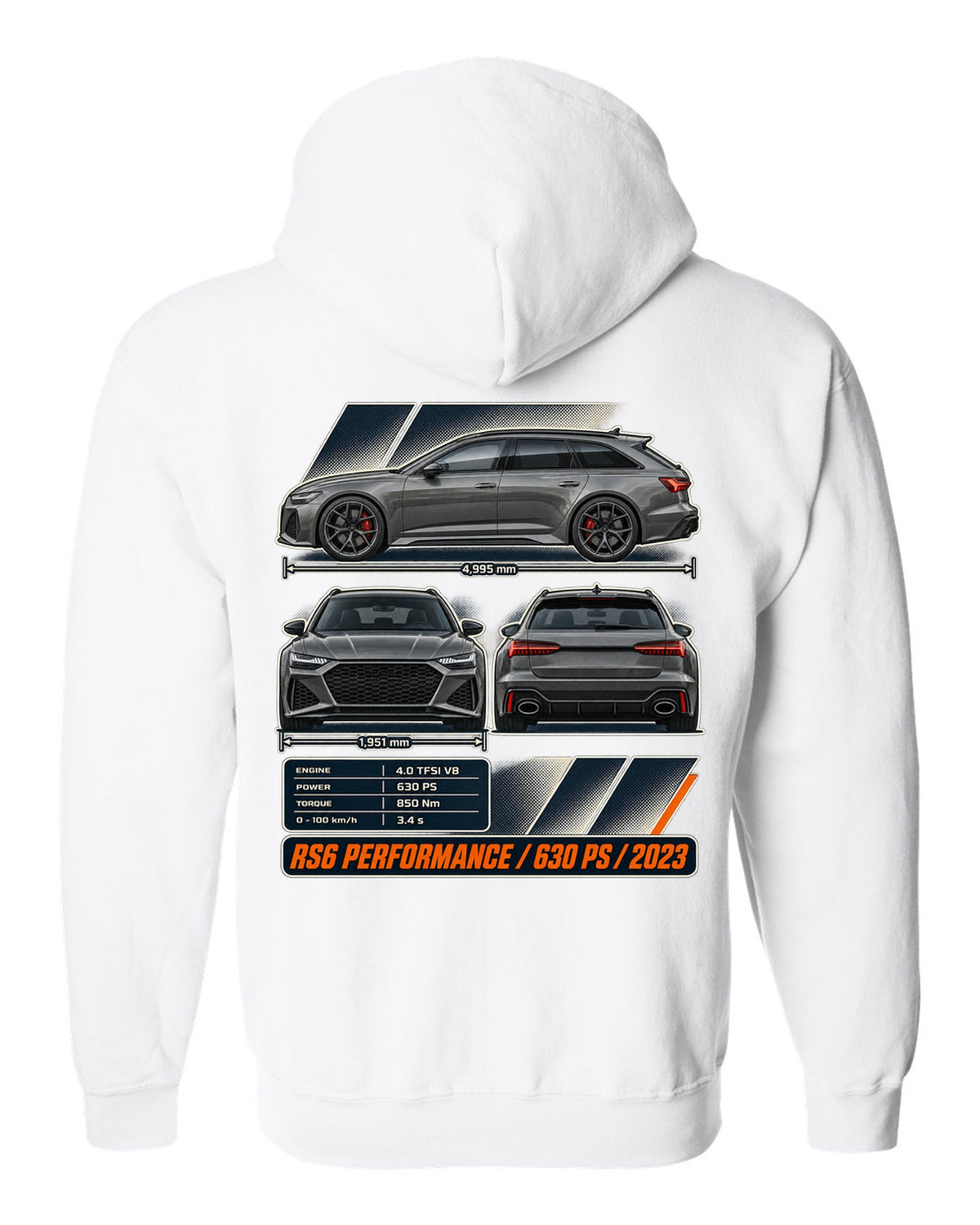 Audi RS6 Avant Performance three-view drawing with spec table white zip hoodie back view with the design