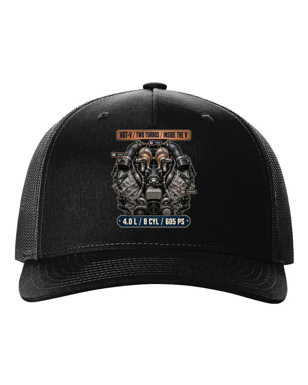 Audi RS7 4.0 TFSI engine bay hero print black hat front view with the design