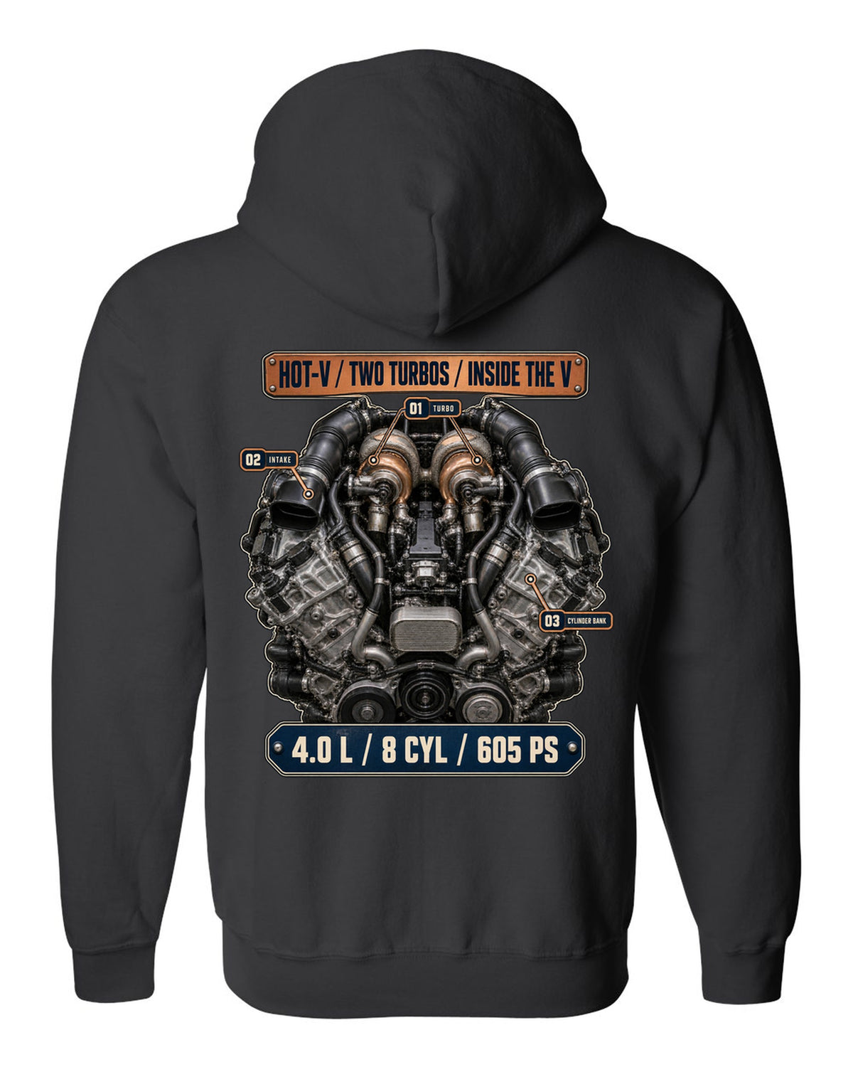 Audi RS7 4.0 TFSI engine bay hero print black zip hoodie back view with the design