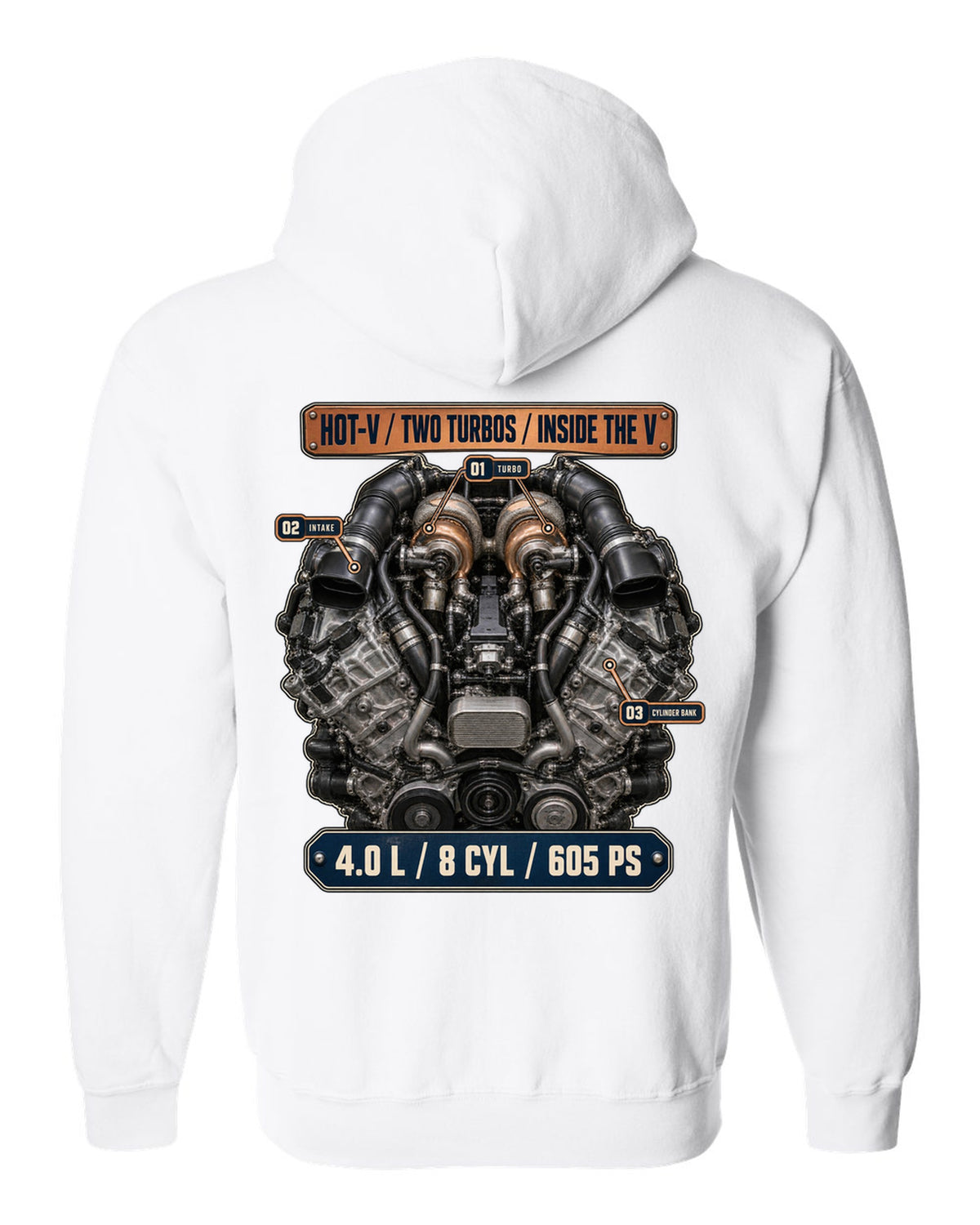 Audi RS7 4.0 TFSI engine bay hero print white zip hoodie back view with the design