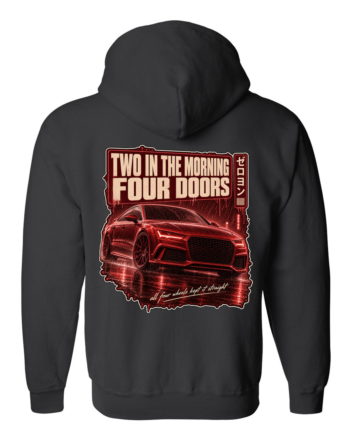 Audi RS7 Sportback C7 on a rainy night street print black zip hoodie back view with the design