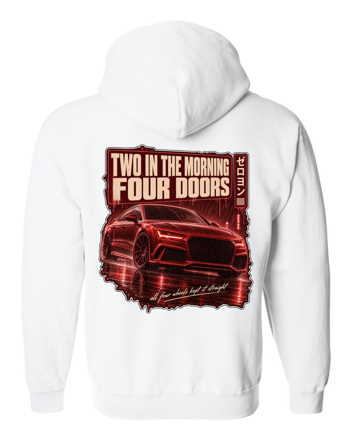 Audi RS7 Sportback C7 on a rainy night street print white zip hoodie back view with the design