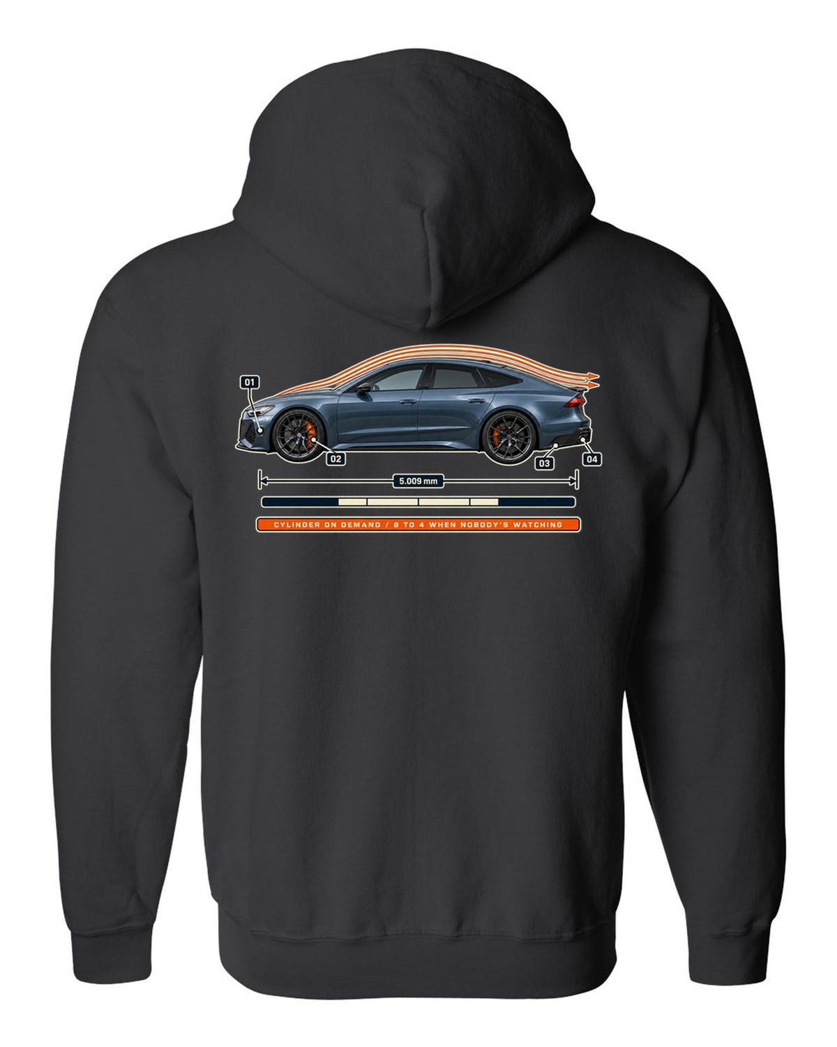 Aero callout print of an Audi RS7 Sportback C8 with cylinder on demand caption black zip hoodie back view with the design