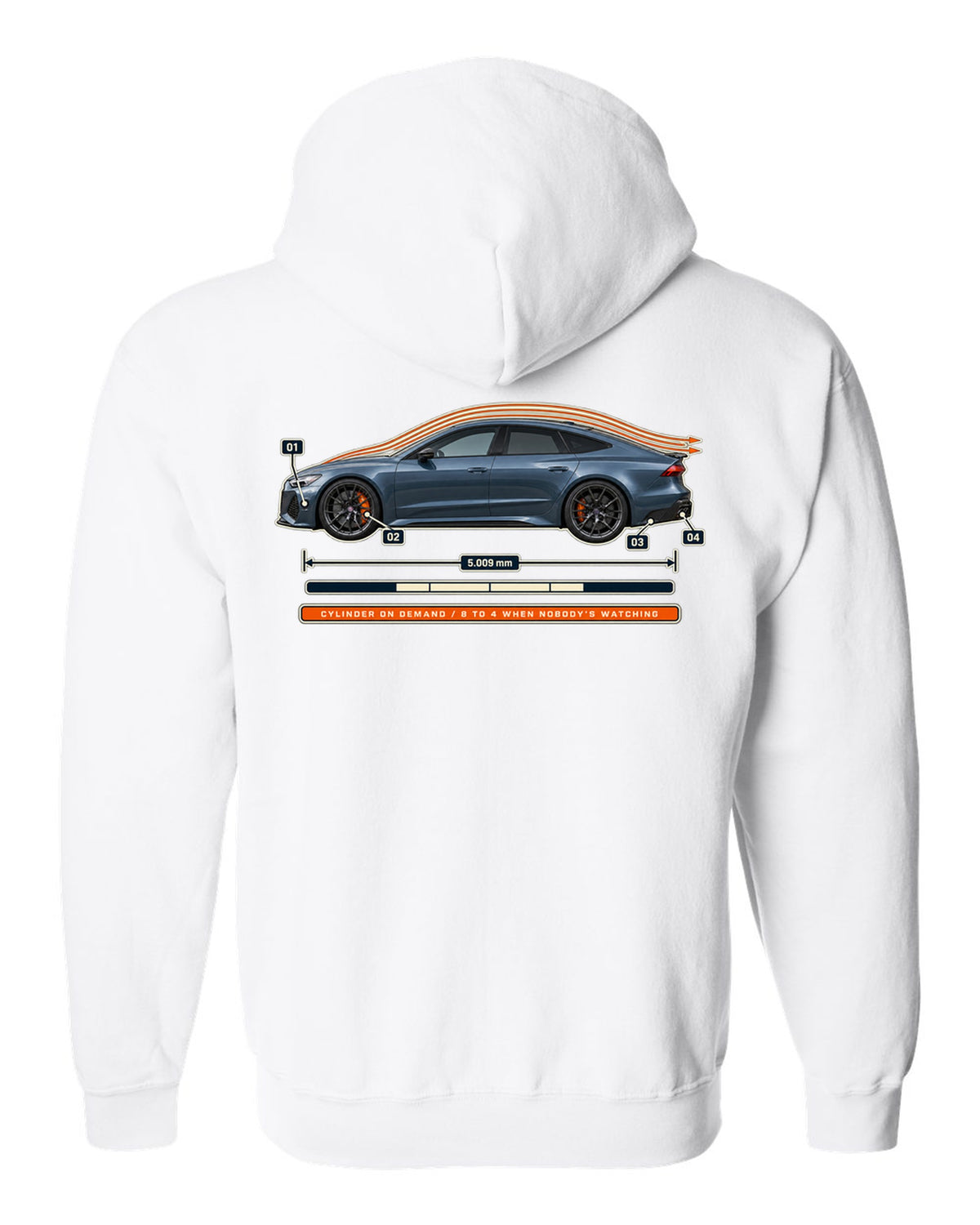 Aero callout print of an Audi RS7 Sportback C8 with cylinder on demand caption white zip hoodie back view with the design