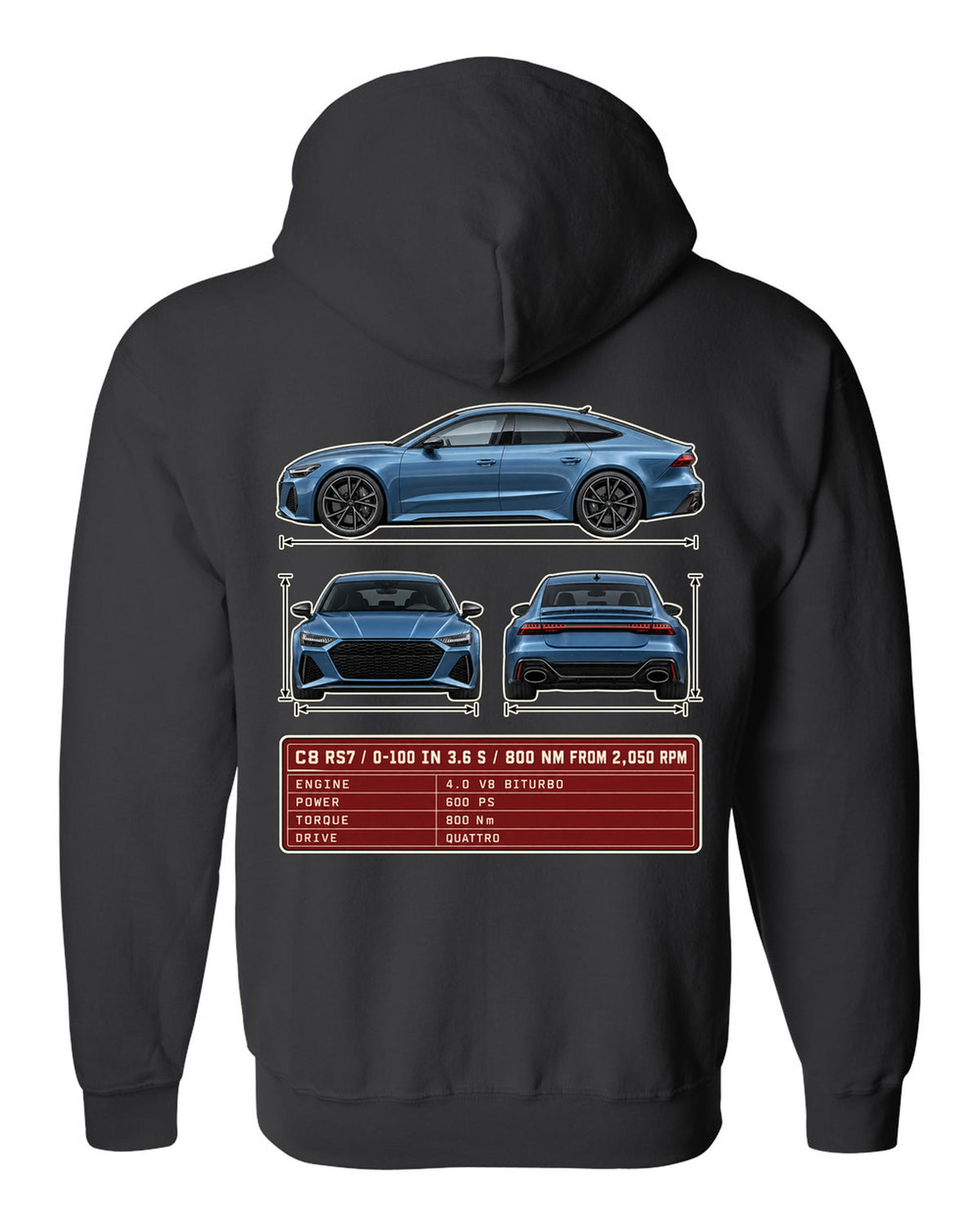 Three-view spec sheet for the Audi RS7 Sportback C8 black zip hoodie back view with the design