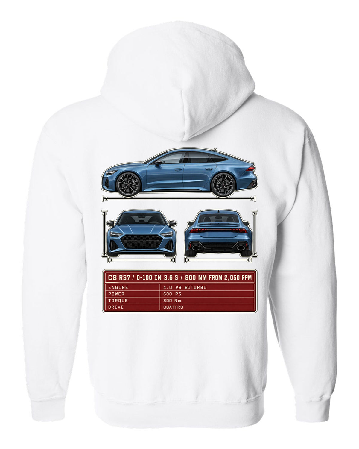 Three-view spec sheet for the Audi RS7 Sportback C8 white zip hoodie back view with the design