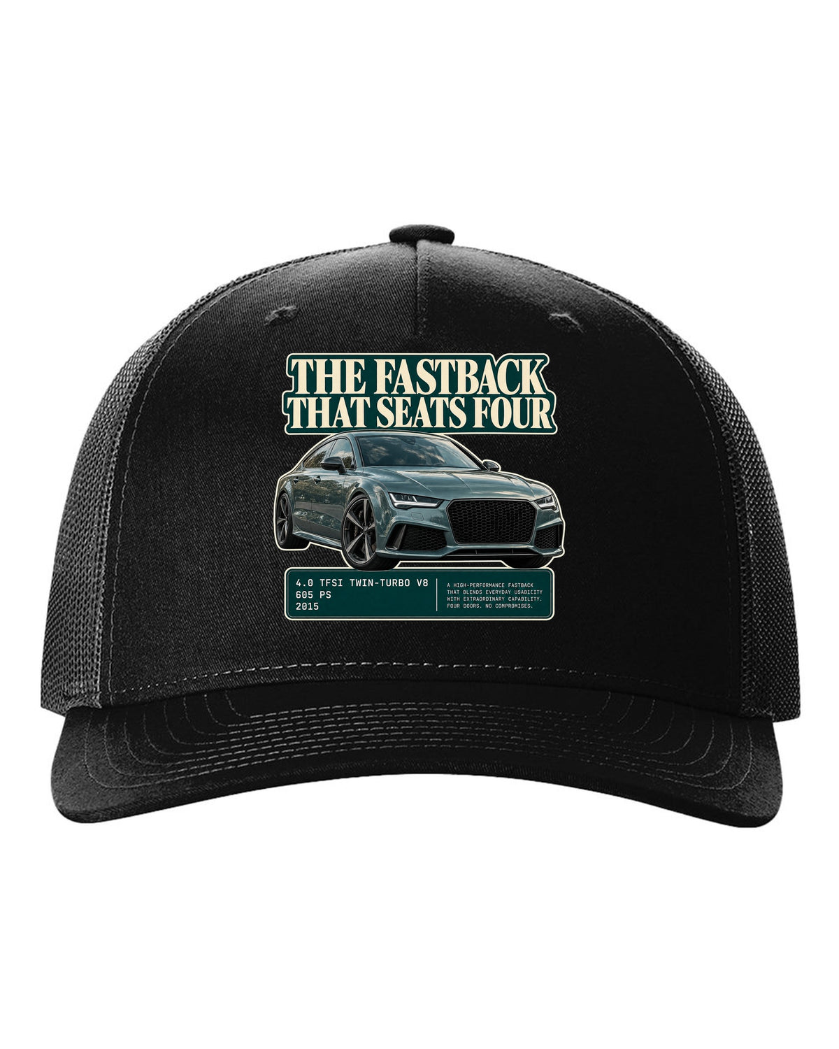 Audi RS7 Sportback C7 editorial headline print on a tee black hat front view with the design