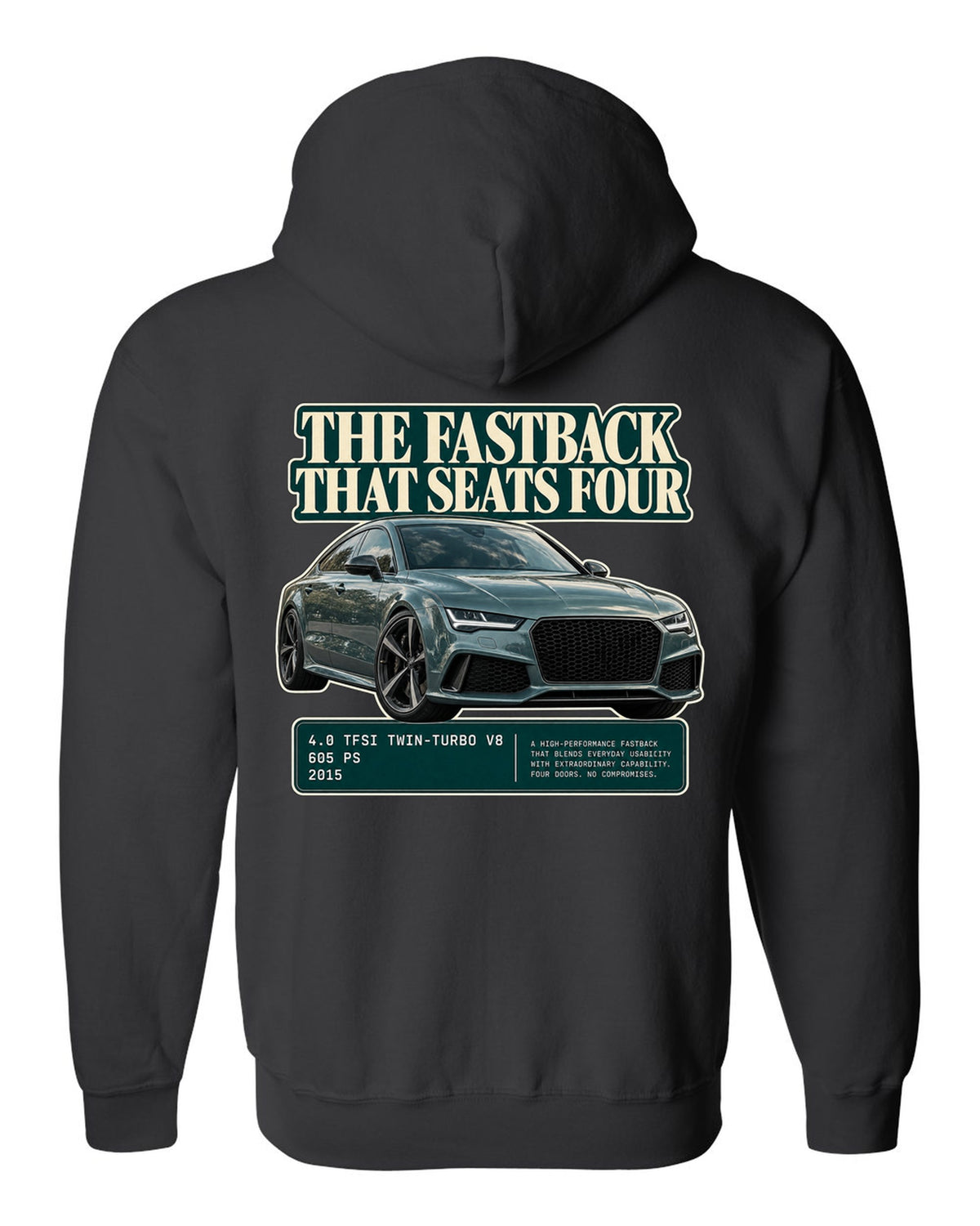 Audi RS7 Sportback C7 editorial headline print on a tee black zip hoodie back view with the design