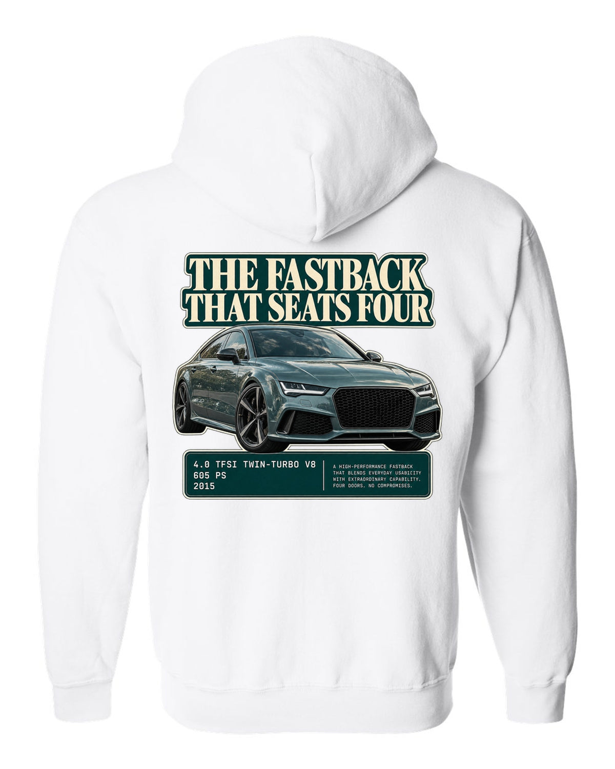Audi RS7 Sportback C7 editorial headline print on a tee white zip hoodie back view with the design
