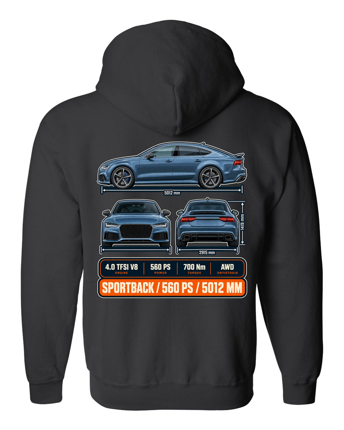 Audi RS7 Sportback C7 three-view drawing in graphite-blue print with 560 PS black zip hoodie back view with the design