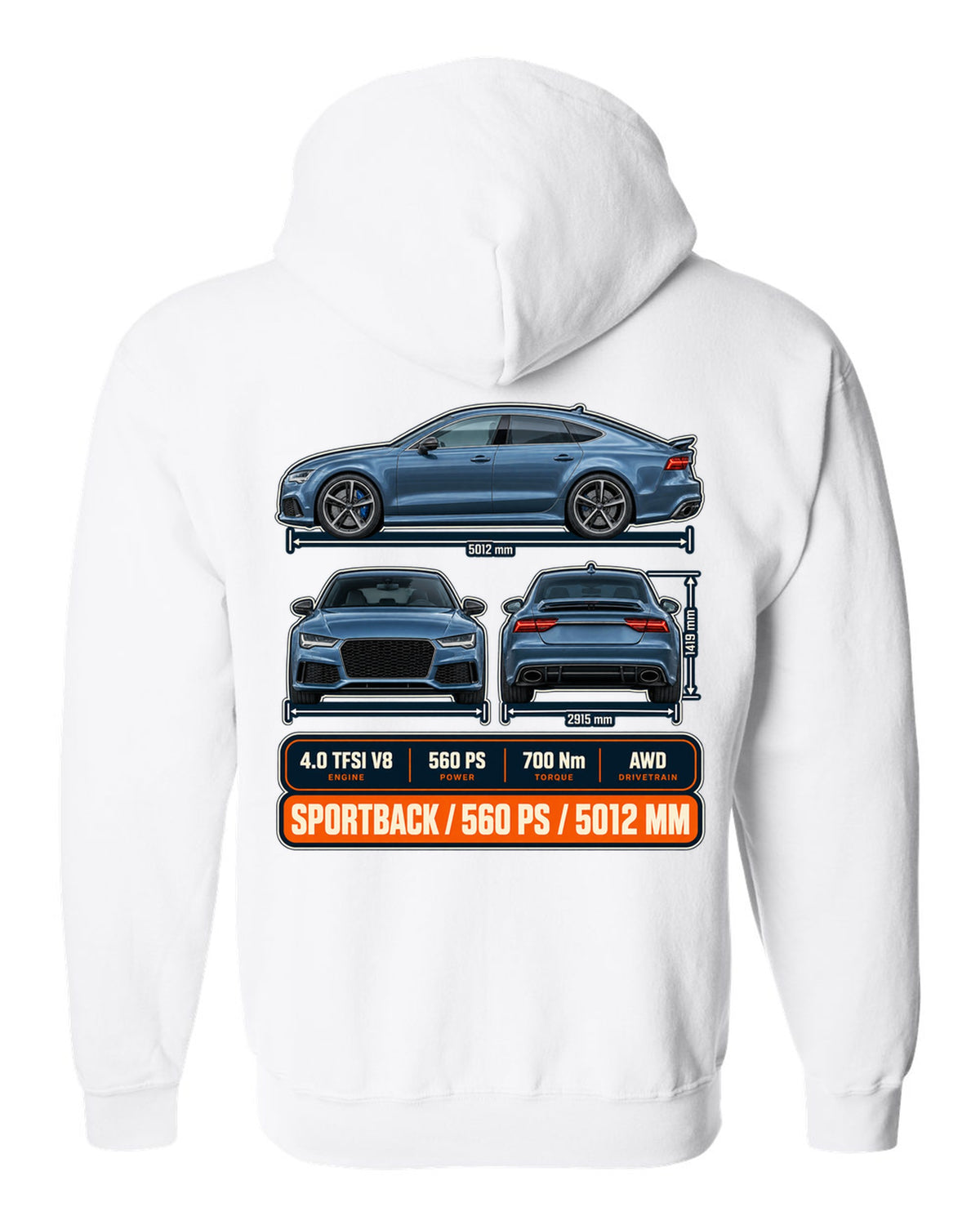 Audi RS7 Sportback C7 three-view drawing in graphite-blue print with 560 PS white zip hoodie back view with the design