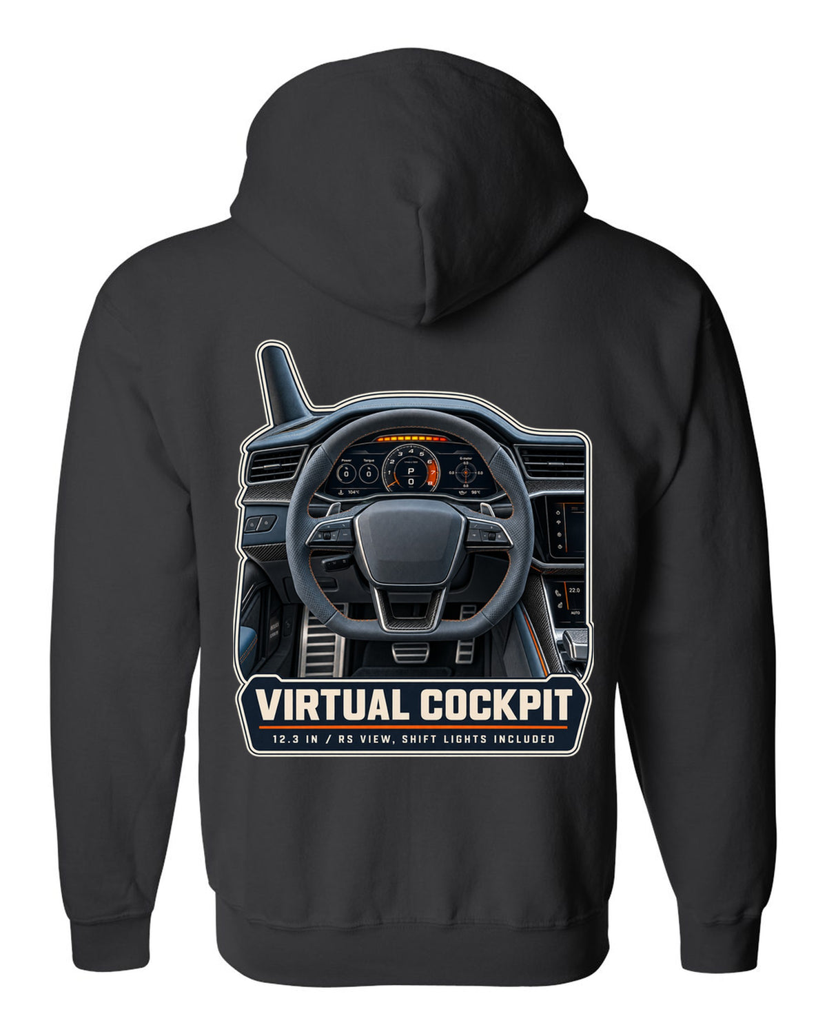 Audi RS7 Sportback C8 virtual cockpit gauge cluster print design black zip hoodie back view with the design