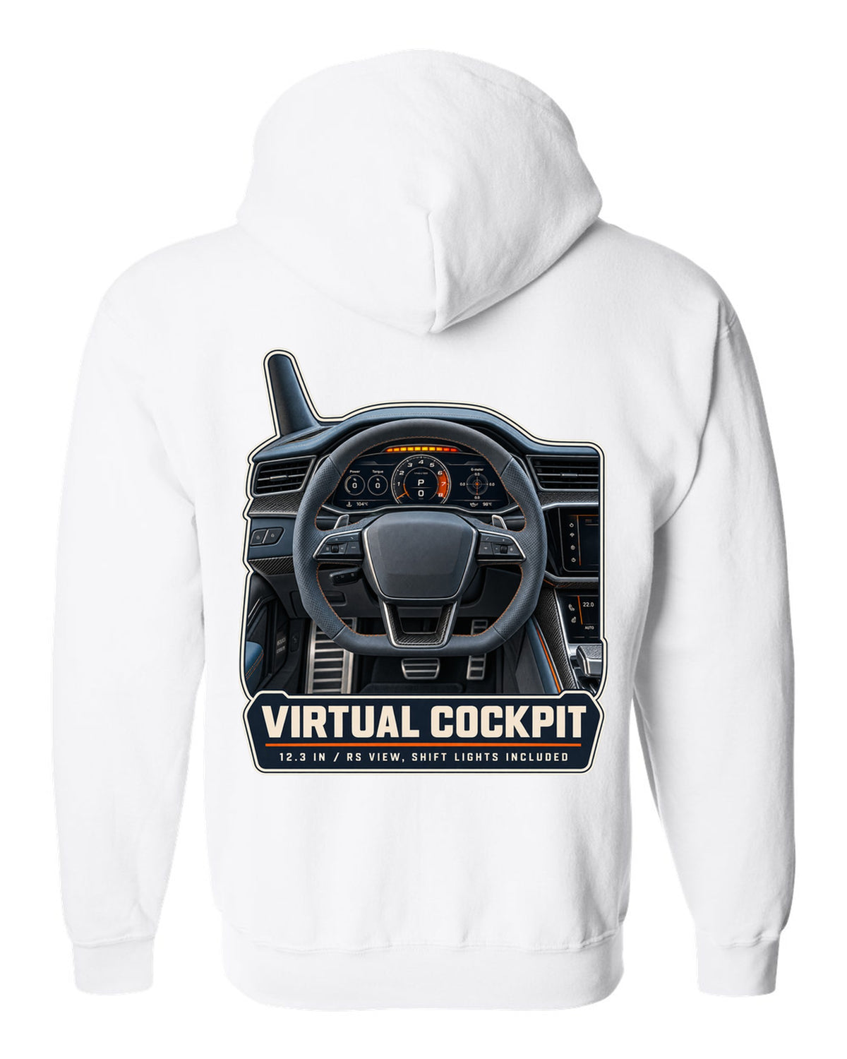 Audi RS7 Sportback C8 virtual cockpit gauge cluster print design white zip hoodie back view with the design