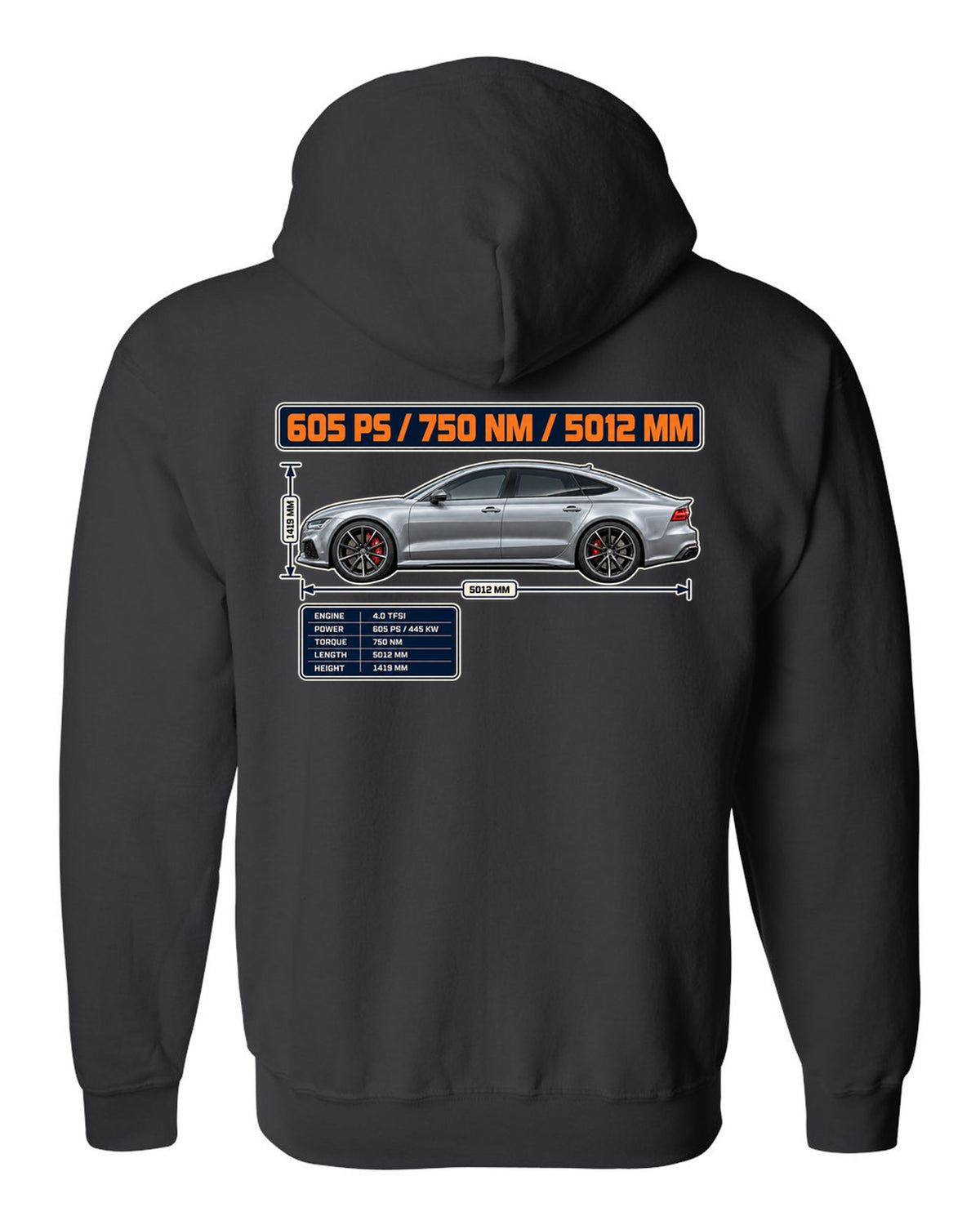 Audi RS7 Sportback performance C7 spec poster print black zip hoodie back view with the design