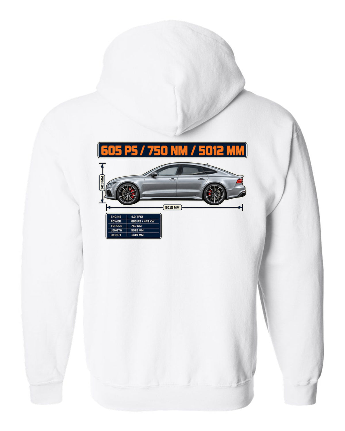 Audi RS7 Sportback performance C7 spec poster print white zip hoodie back view with the design