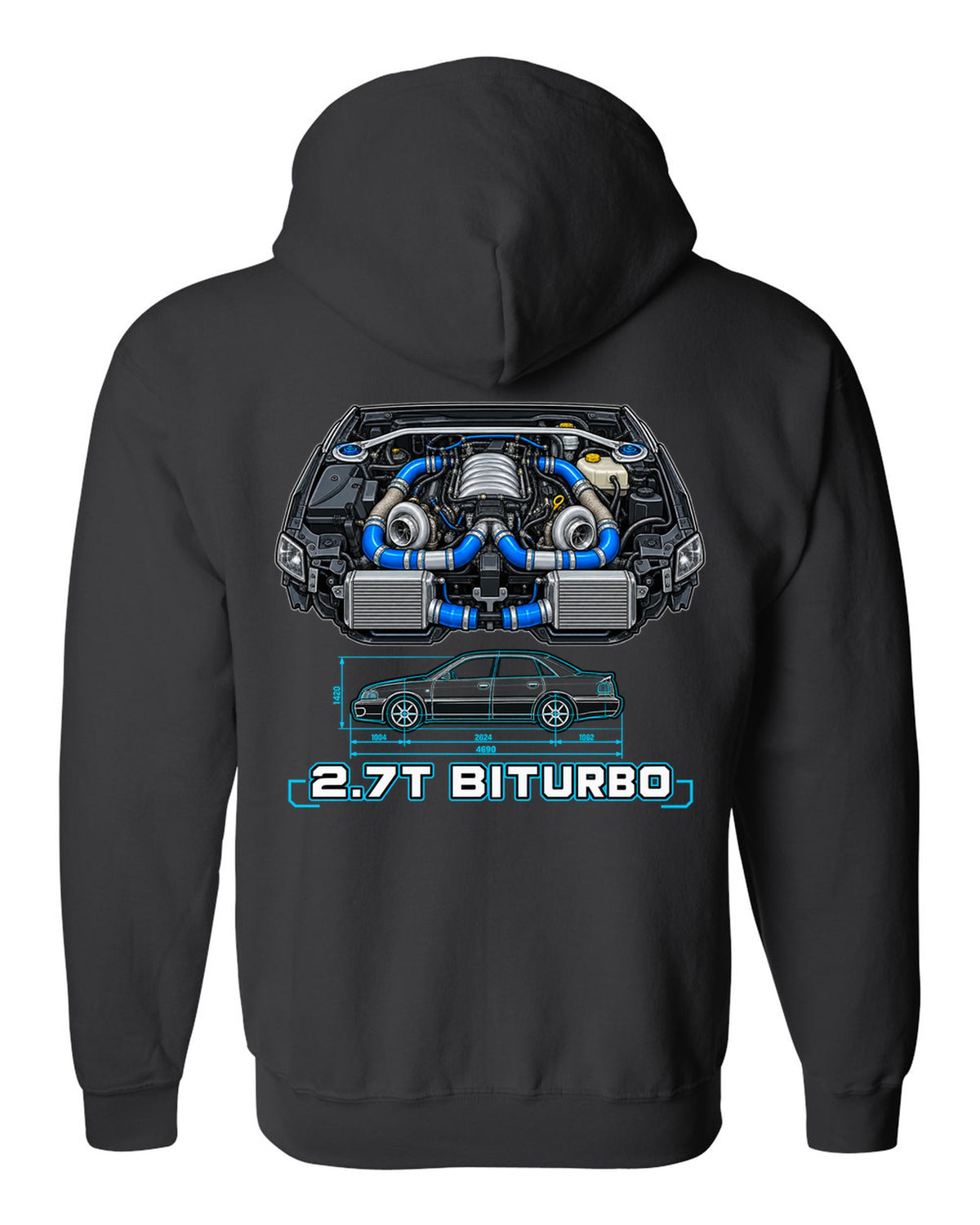 Technical blueprint print of an Audi S4 B5 with 2.7T Biturbo text black zip hoodie back view with the design