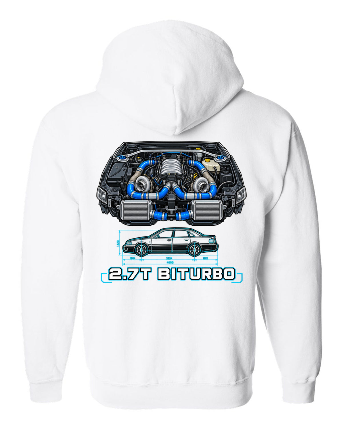 Technical blueprint print of an Audi S4 B5 with 2.7T Biturbo text white zip hoodie back view with the design