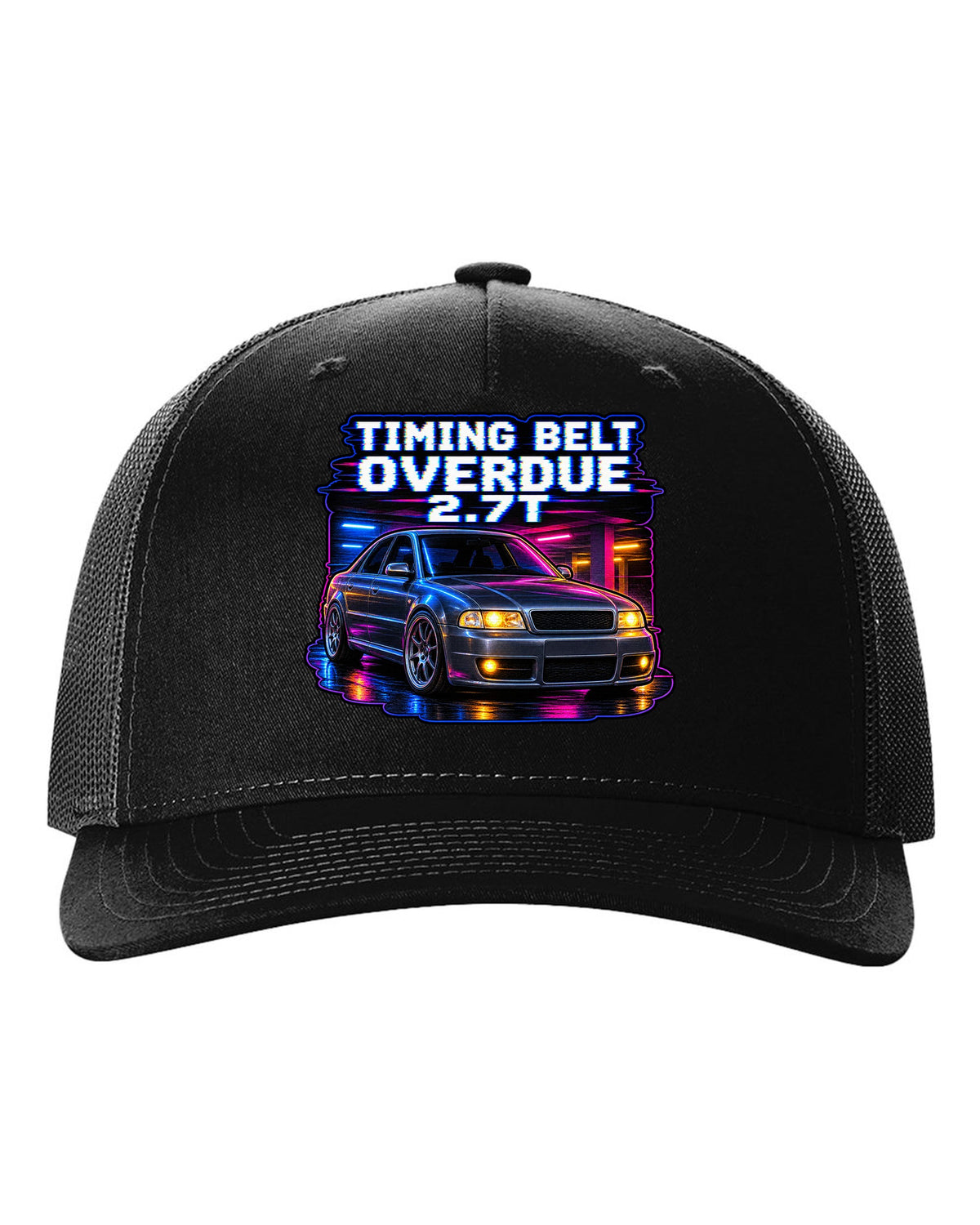 VHS lo-fi print of an Audi S4 B5 with Timing Belt Overdue and 2.7T text black hat front view with the design