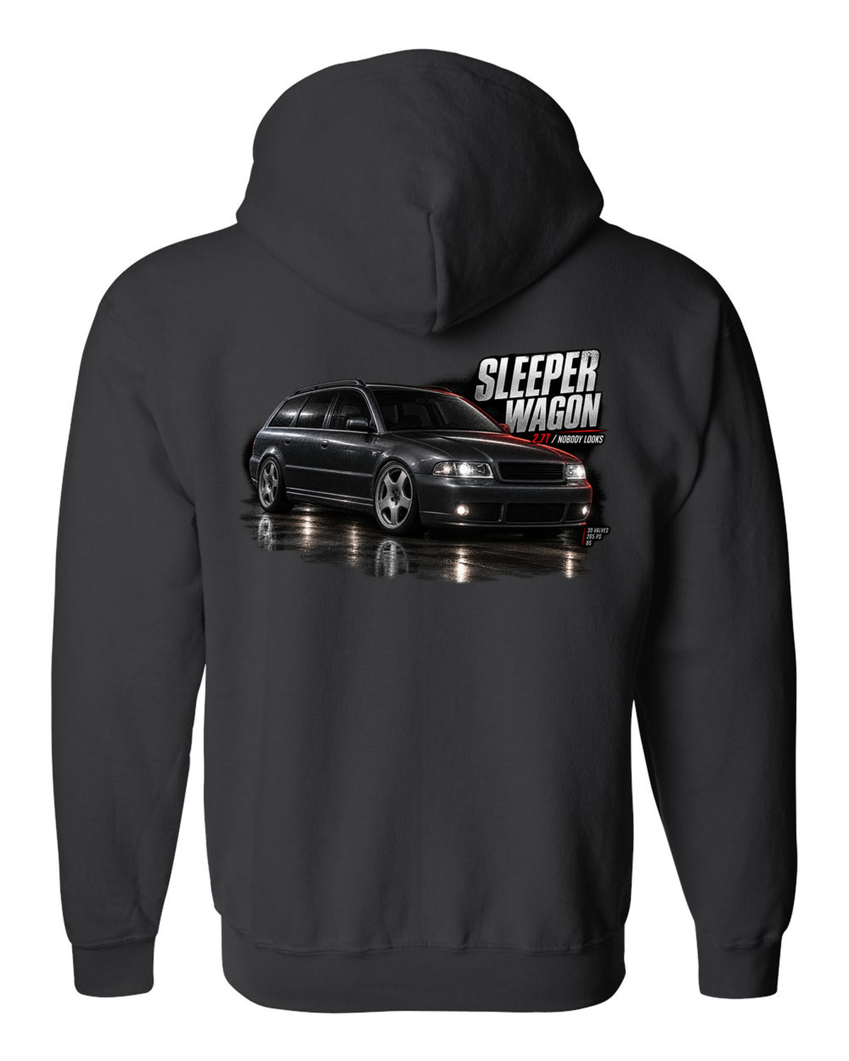 Audi S4 B5 Avant front three-quarter in garage with sleeper wagon 2.7T text black zip hoodie back view with the design