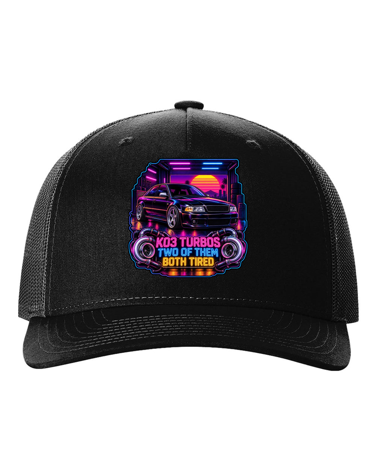 Synthwave print of an Audi S4 B5 sedan with K03 turbos text black hat front view with the design