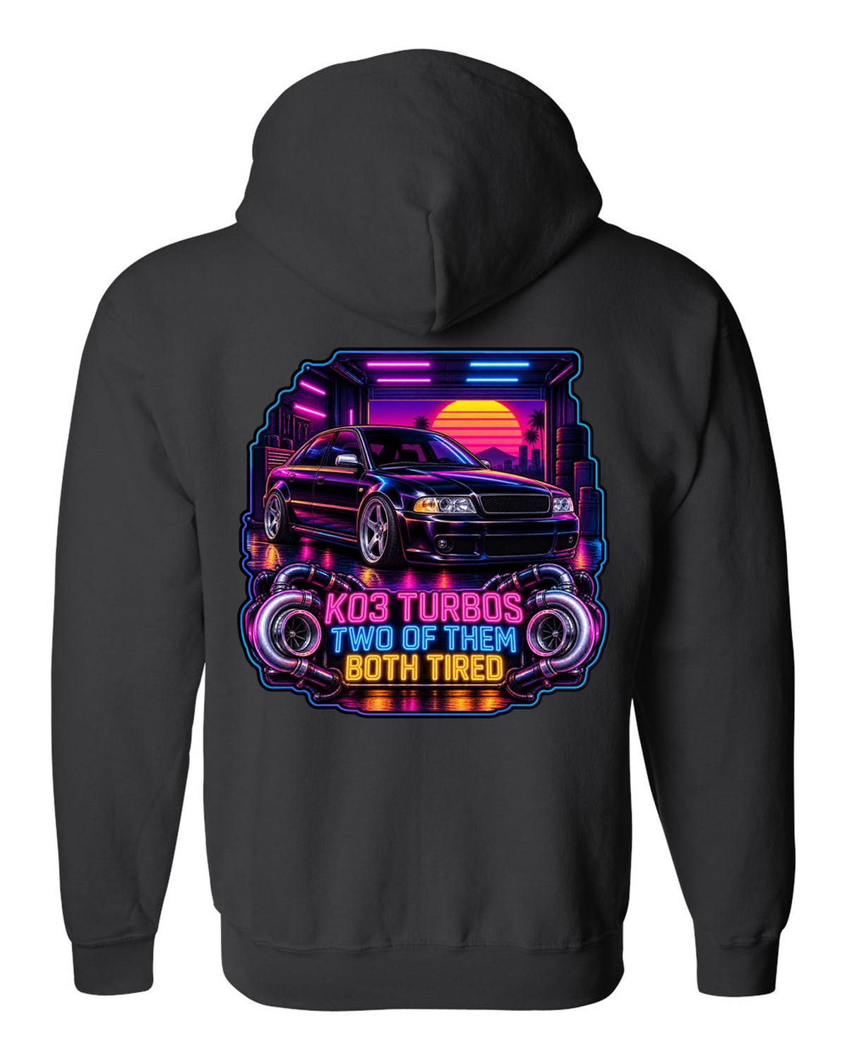 Synthwave print of an Audi S4 B5 sedan with K03 turbos text black zip hoodie back view with the design