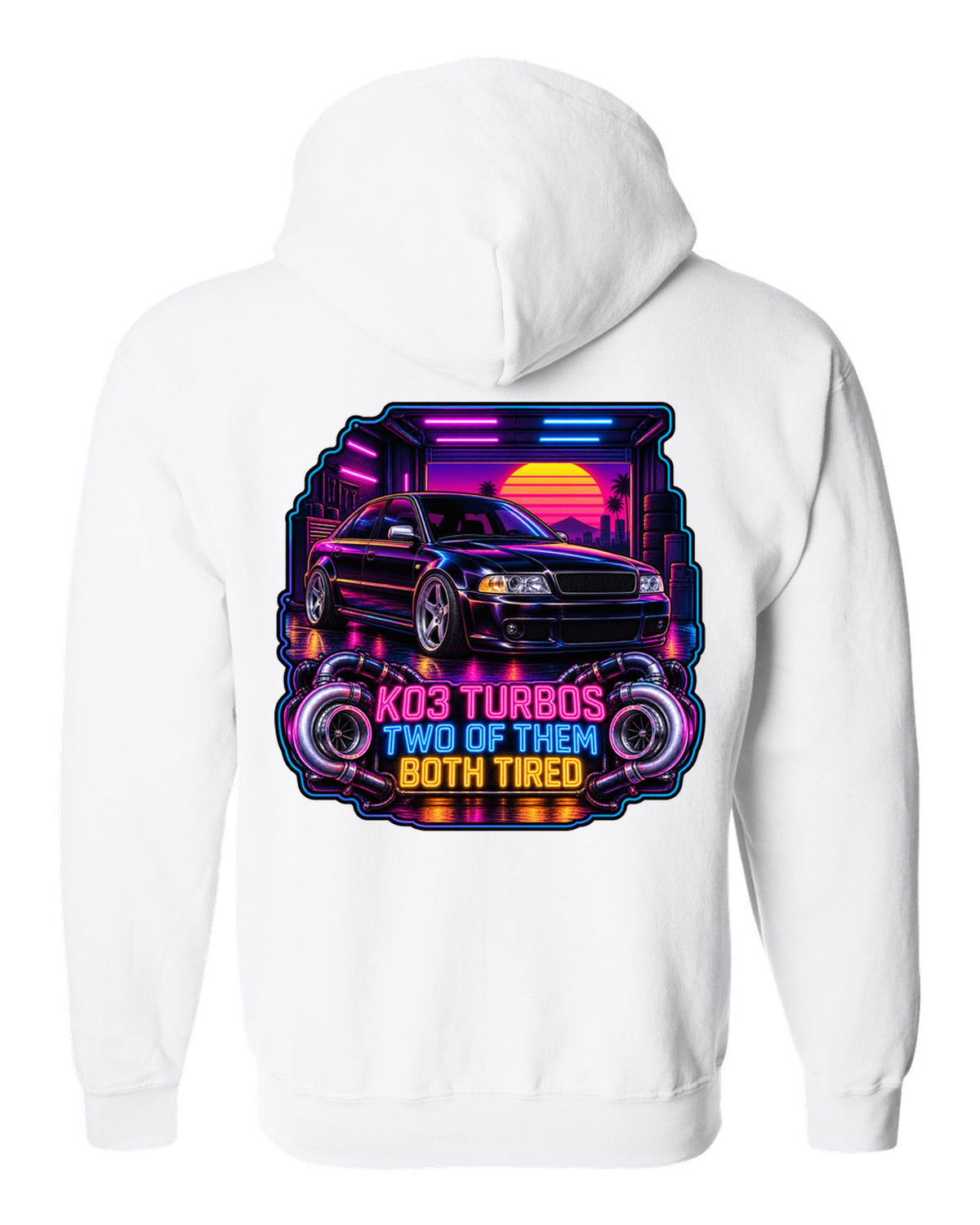 Synthwave print of an Audi S4 B5 sedan with K03 turbos text white zip hoodie back view with the design