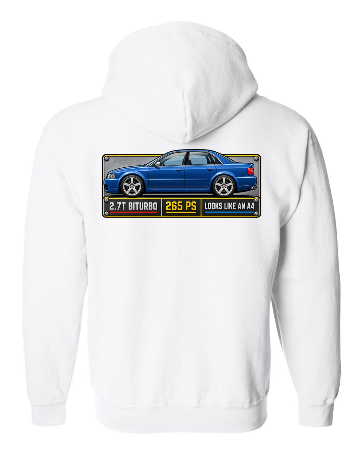 Spec plate print of an Audi S4 B5 sedan with 2.7T biturbo and 265 PS text white zip hoodie back view with the design