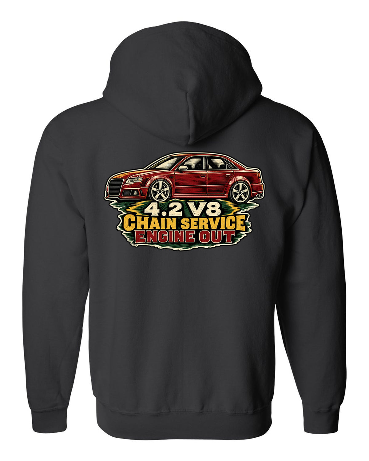 Linocut style print of an Audi S4 B7 sedan with 4.2 V8 chain service text black zip hoodie back view with the design