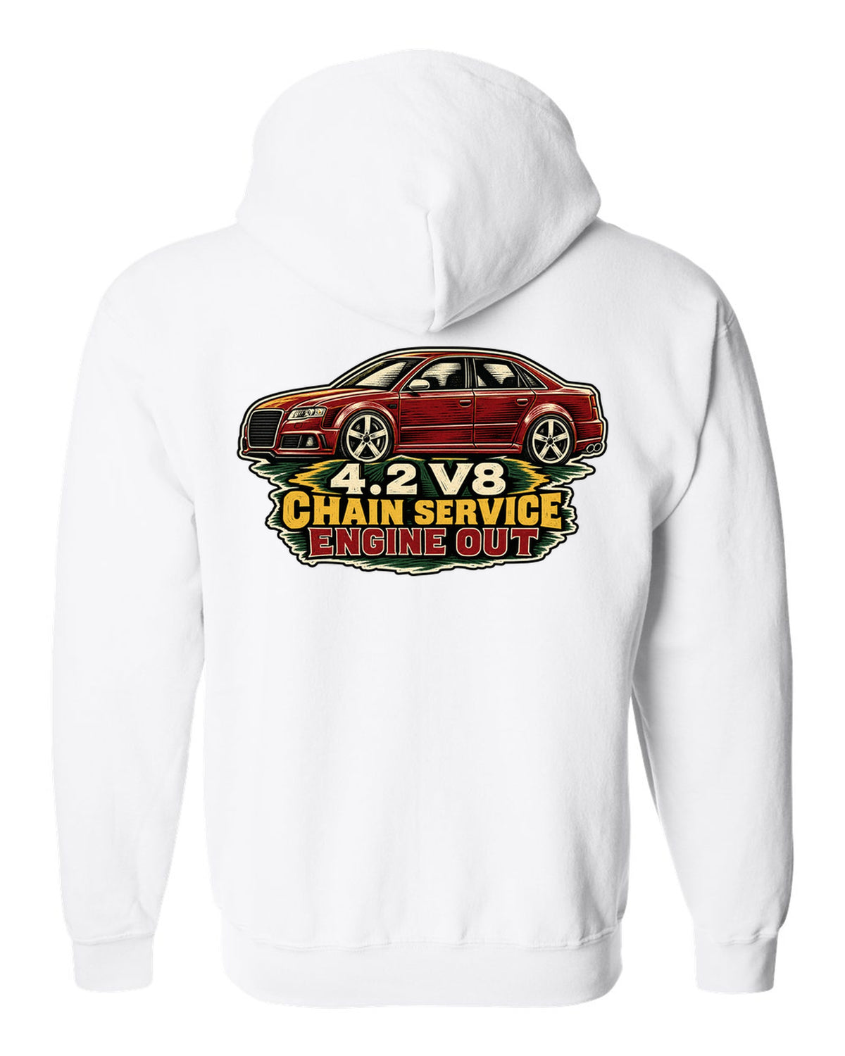 Linocut style print of an Audi S4 B7 sedan with 4.2 V8 chain service text white zip hoodie back view with the design