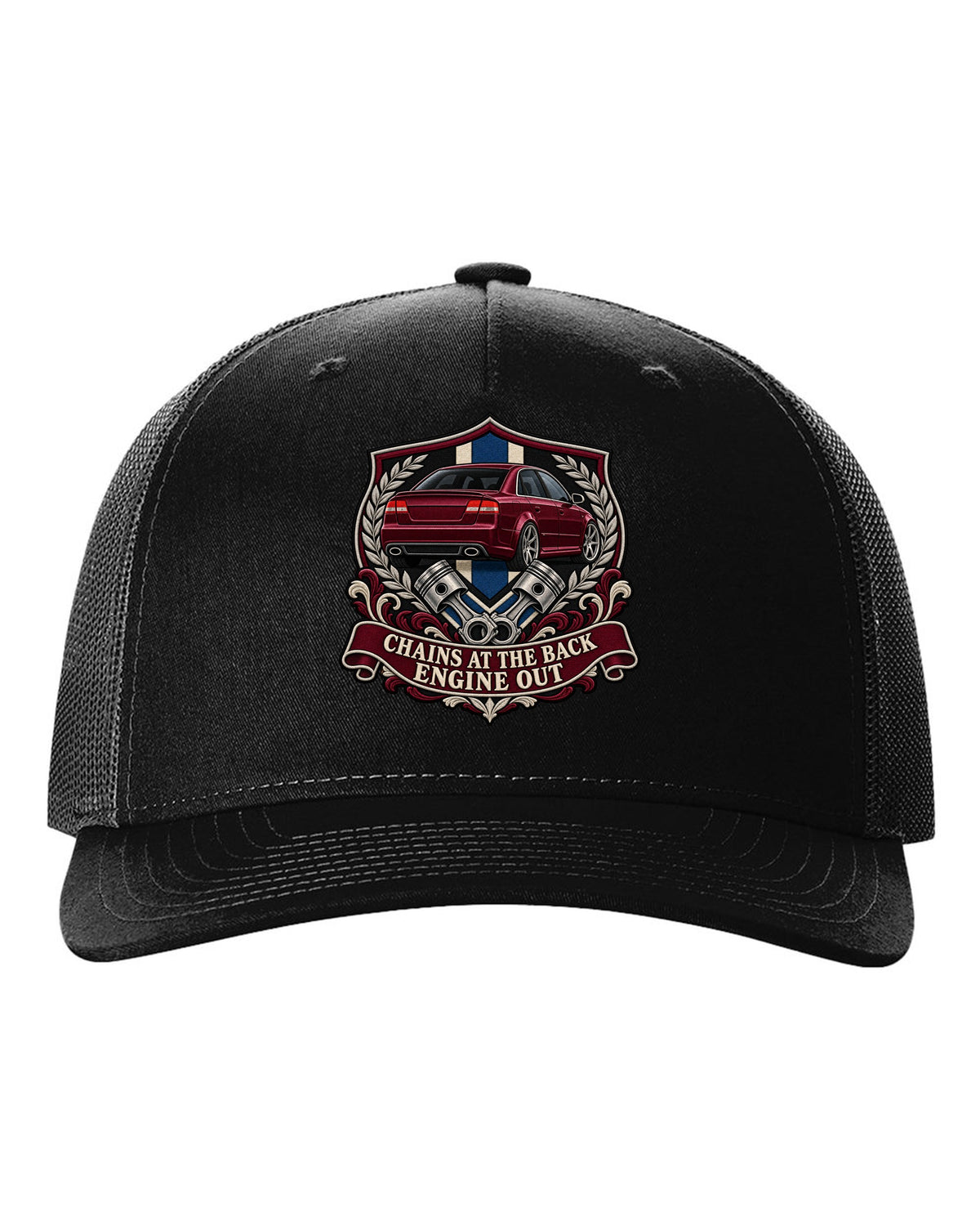 Varsity seal print of an Audi S4 B7 sedan with Engine Out text black hat front view with the design
